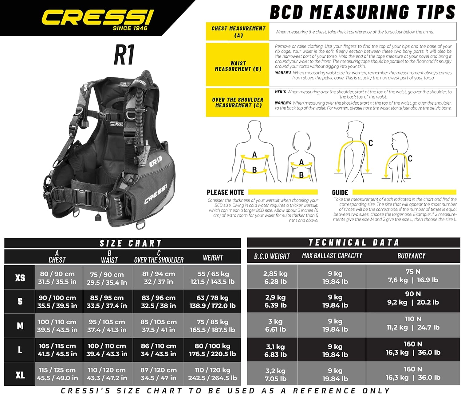 Cressi R1 BCD Donatello Equipo de Buceo AC2 Regulador Compacto Set GupG Reg Bolsa Buceo Paquete de Buceo