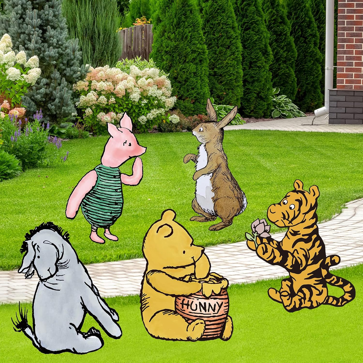 Suministros clásicos de fiesta de Winnie The Pooh, 5 carteles de patio con estacas, decoración de fiesta de césped al aire libre, decoraciones de