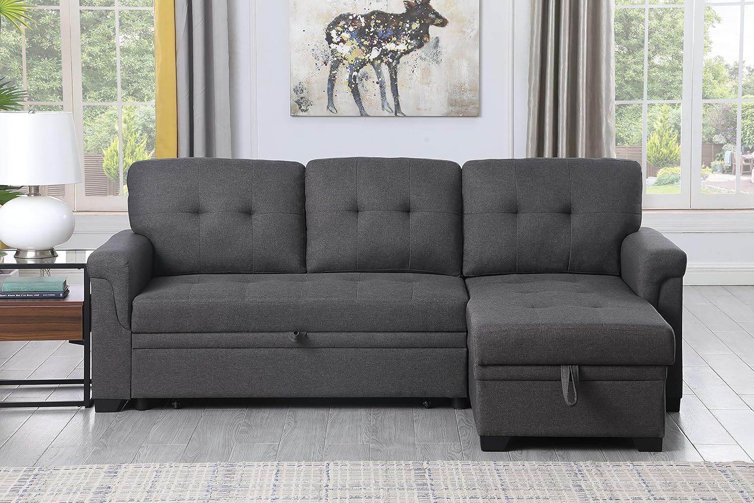 Sofá cama modular convertible en forma de L de 84 pulgadas con diván de almacenamiento y cojines copetudos, sofá esquinero reversible tapizado de