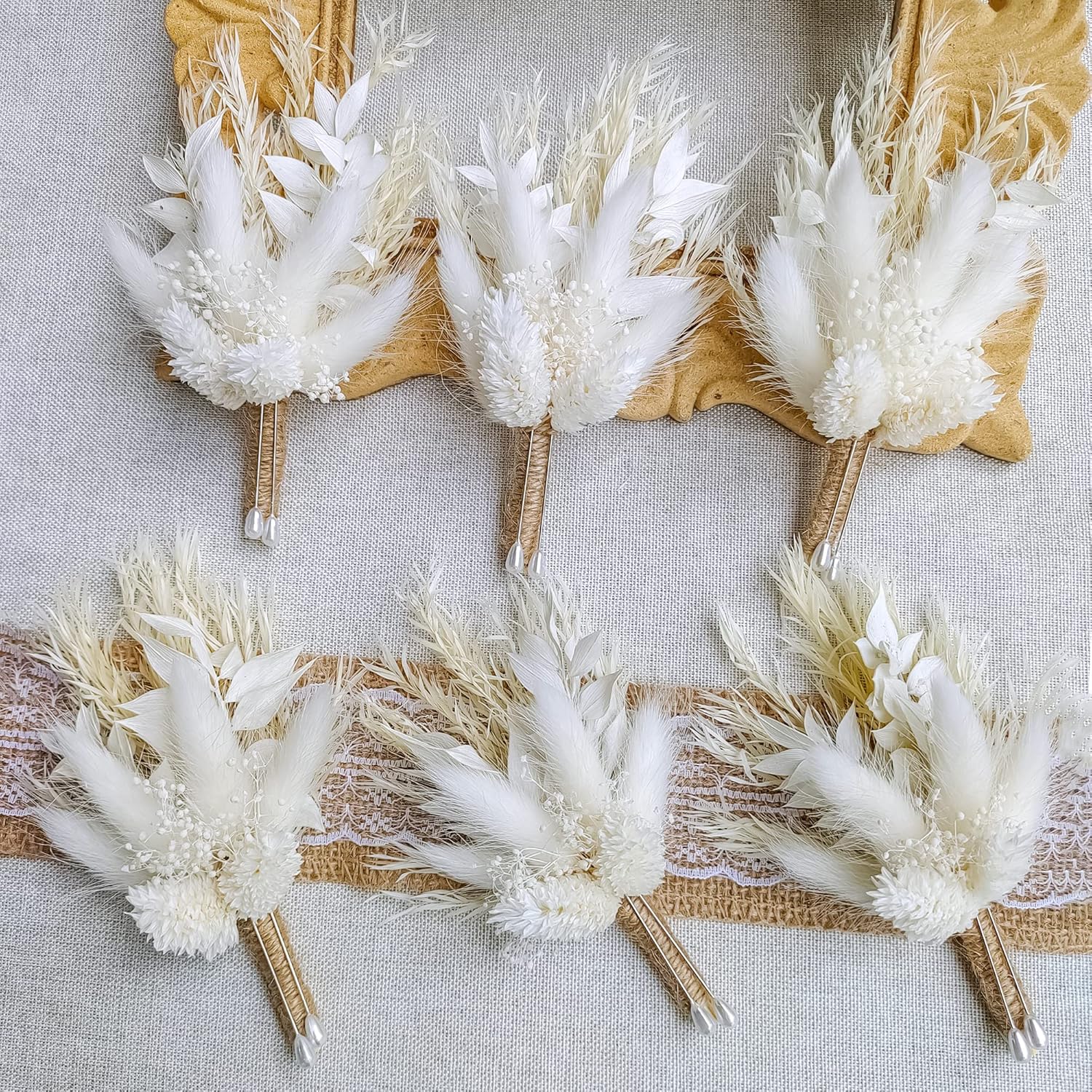 Boutonnieres – Juego de 6 piezas de flores secas para novio, padrino, bohemio, para hombre, rústico, vintage, boda, fiesta, baile de graduación