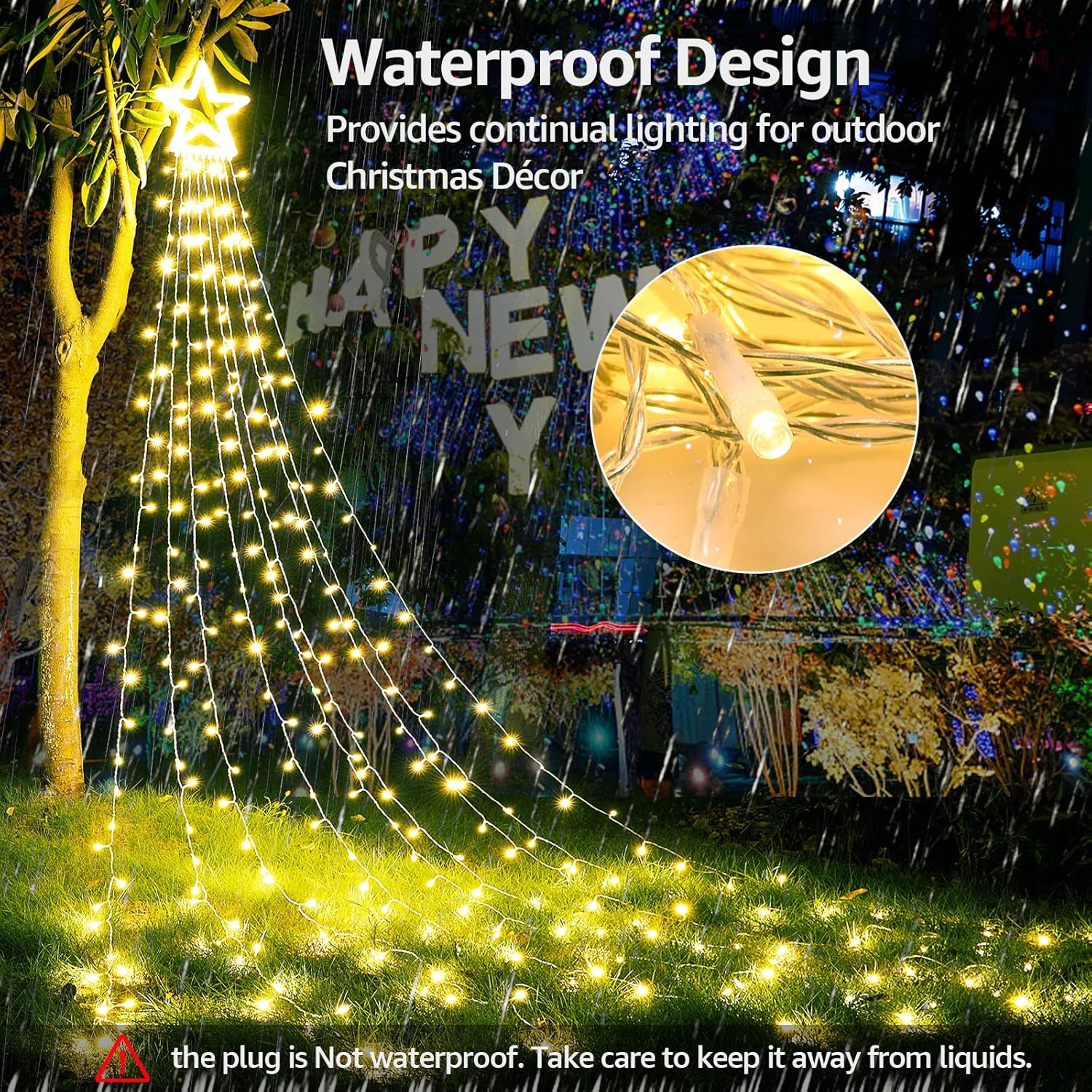 BlcTec Decoraciones de Navidad al aire libre, 317 luces LED de Navidad con 9 hebras de luces de cascada de 11.9 pies, 8 modos, impermeable, estrella