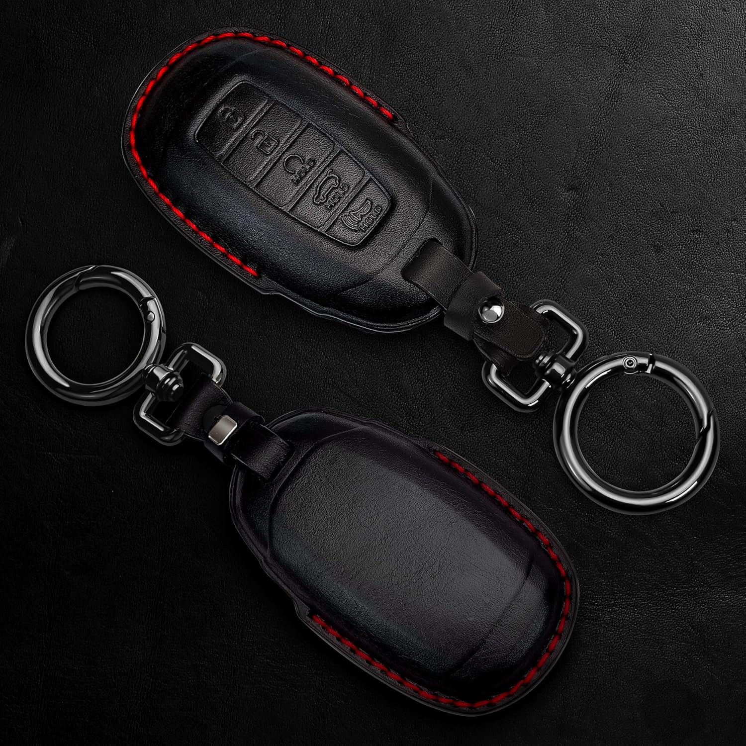 Tukellen Funda de cuero genuino para llavero inteligente para Hyundai Palisade Elantra GT Accent Kona Santa Fe Veloster 2020-2022, Negro (línea roja)