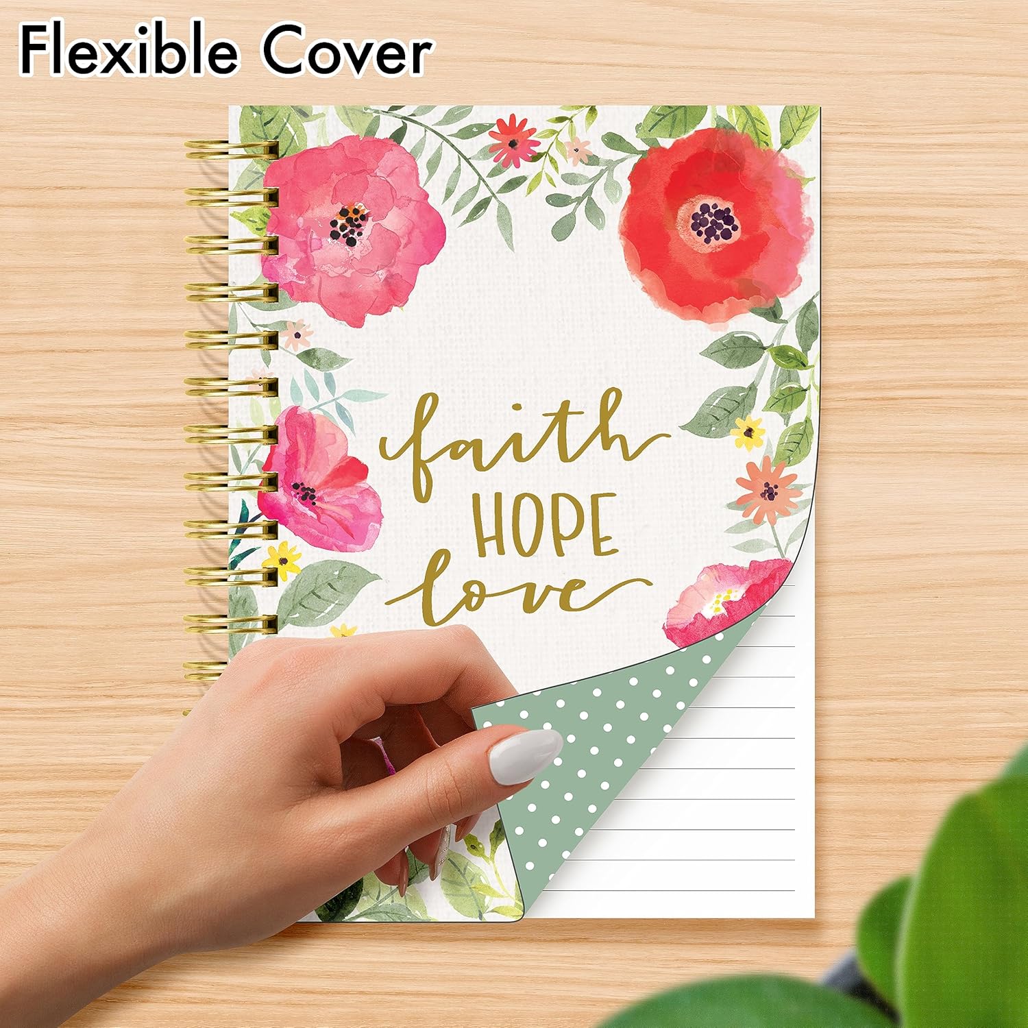 Designer Greetings, Designer Papers – Diario de tapa flexible con banda elástica, diseño floral de acuarela “Faith, Hope, Love”, 320 páginas (6 x