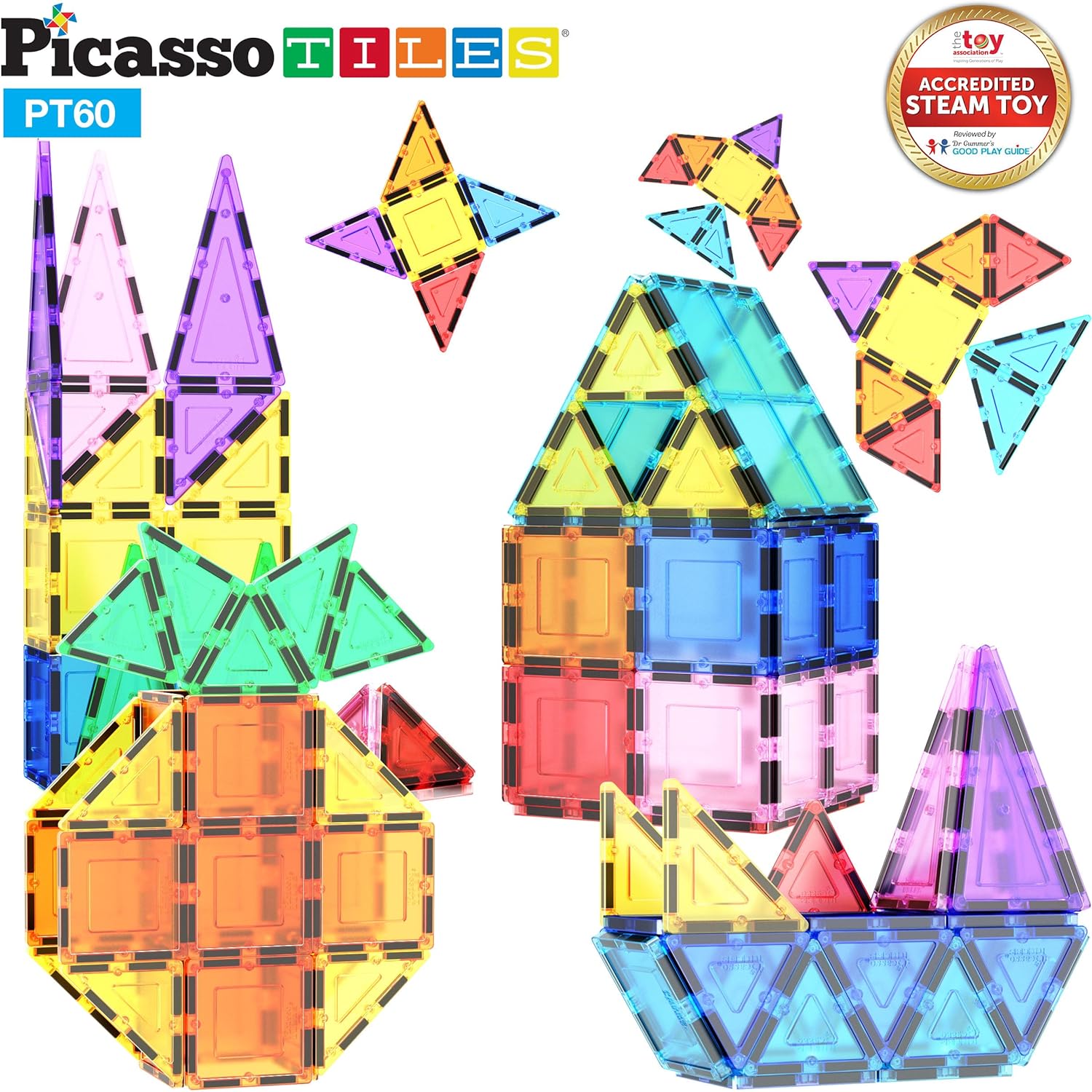 PicassoTiles Paquete de 70 piezas de pista de carreras de canicas + 60 azulejos magnéticos, divertido y creativo, juguete sensorial educativo y
