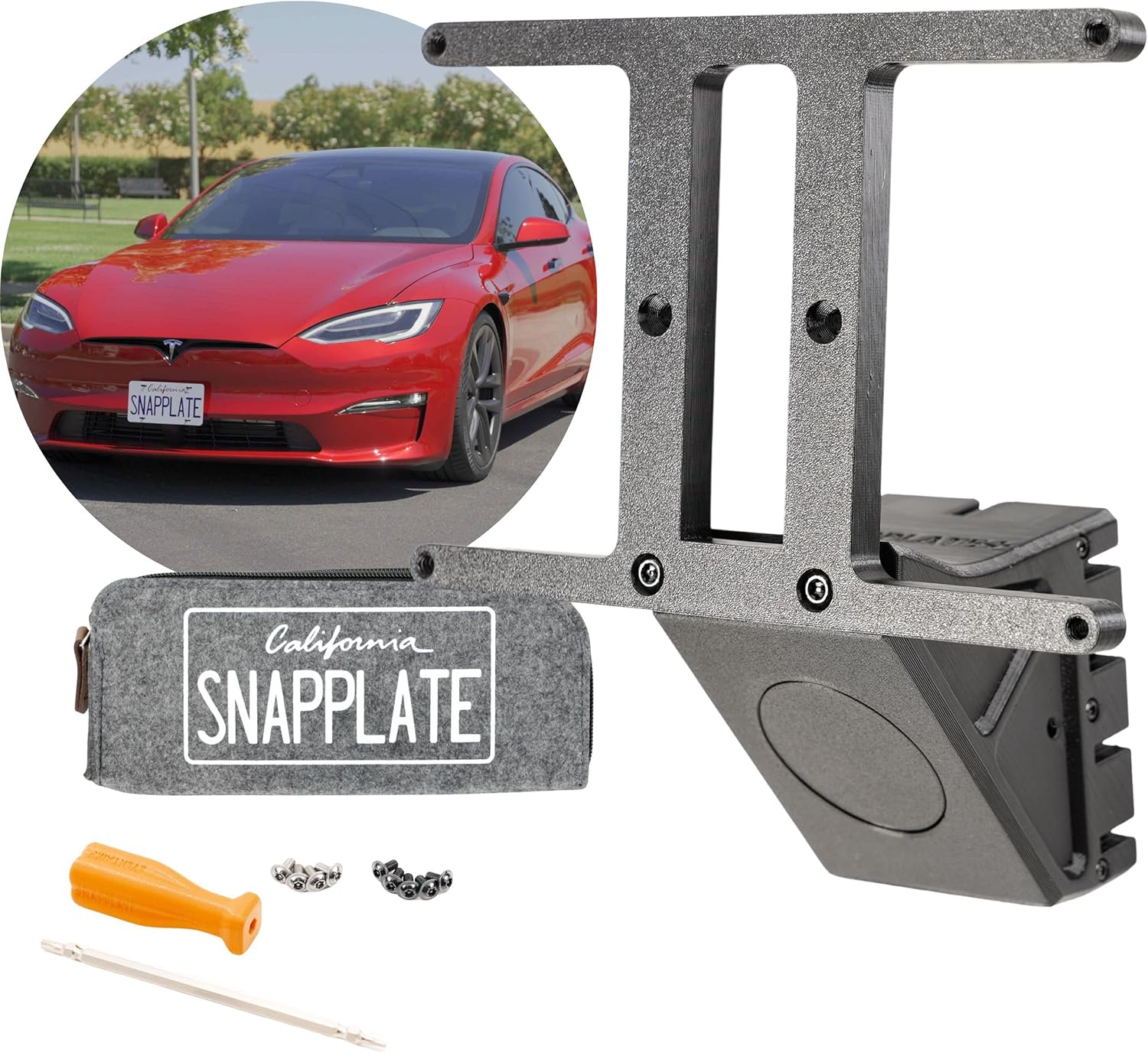 + (Modelo S) Soporte para placa frontal  Fuerza optimizada, antirrobo, extraíble, altura ajustable, fabricado y patentado en Estados Unidos  para