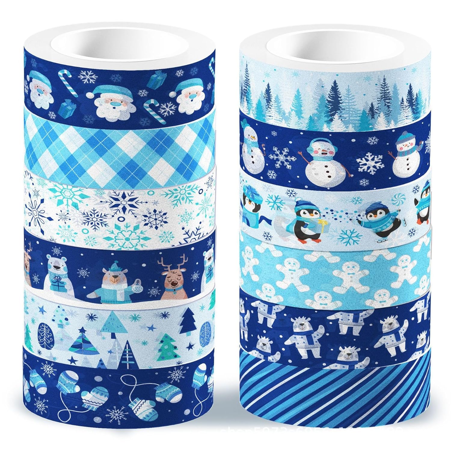 12 rollos de cinta Washi de Navidad de invierno, muñeco de nieve, muñeco de nieve, hombre de jengibre, cinta adhesiva decorativa de animales azules