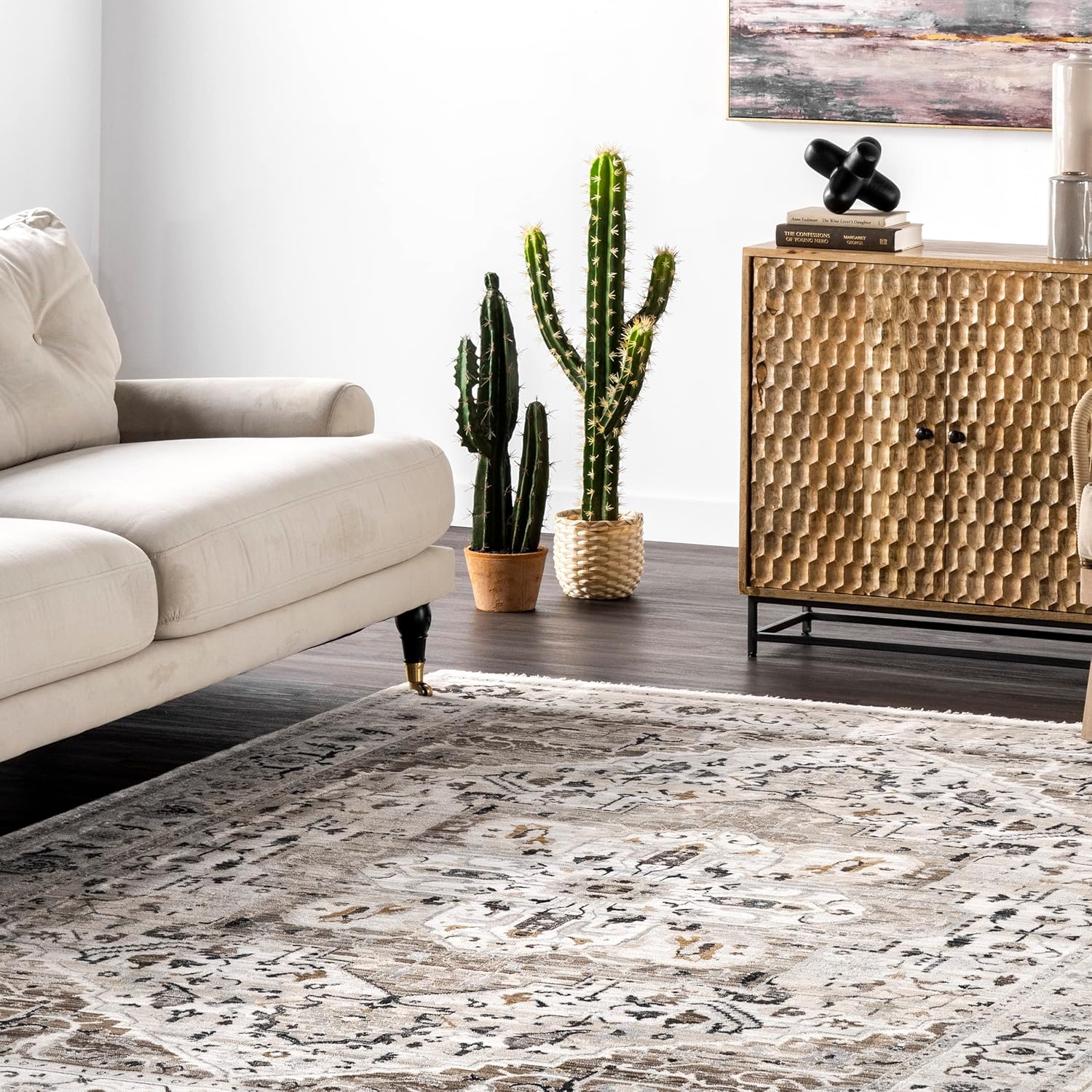 nuLOOM Oliveira – Alfombra de área con flecos y medallones florales, 4 x 6, color beige