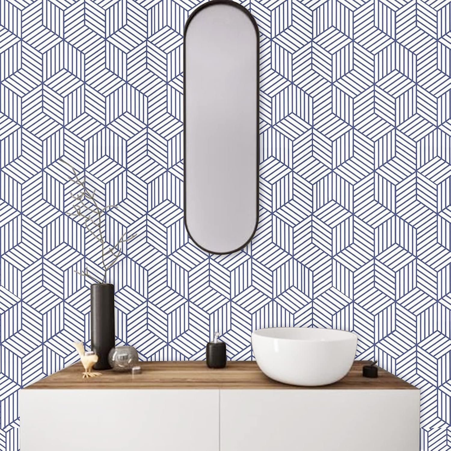 WENMER Papel tapiz hexagonal geométrico de 17.71 pulgadas x 236 pulgadas, papel tapiz adhesivo azul y blanco, papel de contacto autoadhesivo