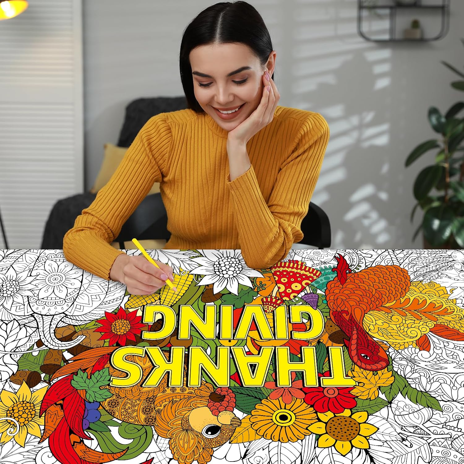 ZOIIWA Pósteres gigantes para colorear de mandala para niños y adultos, mantel de dibujo de Acción de Gracias, mandala, cosecha de otoño, calabazas,