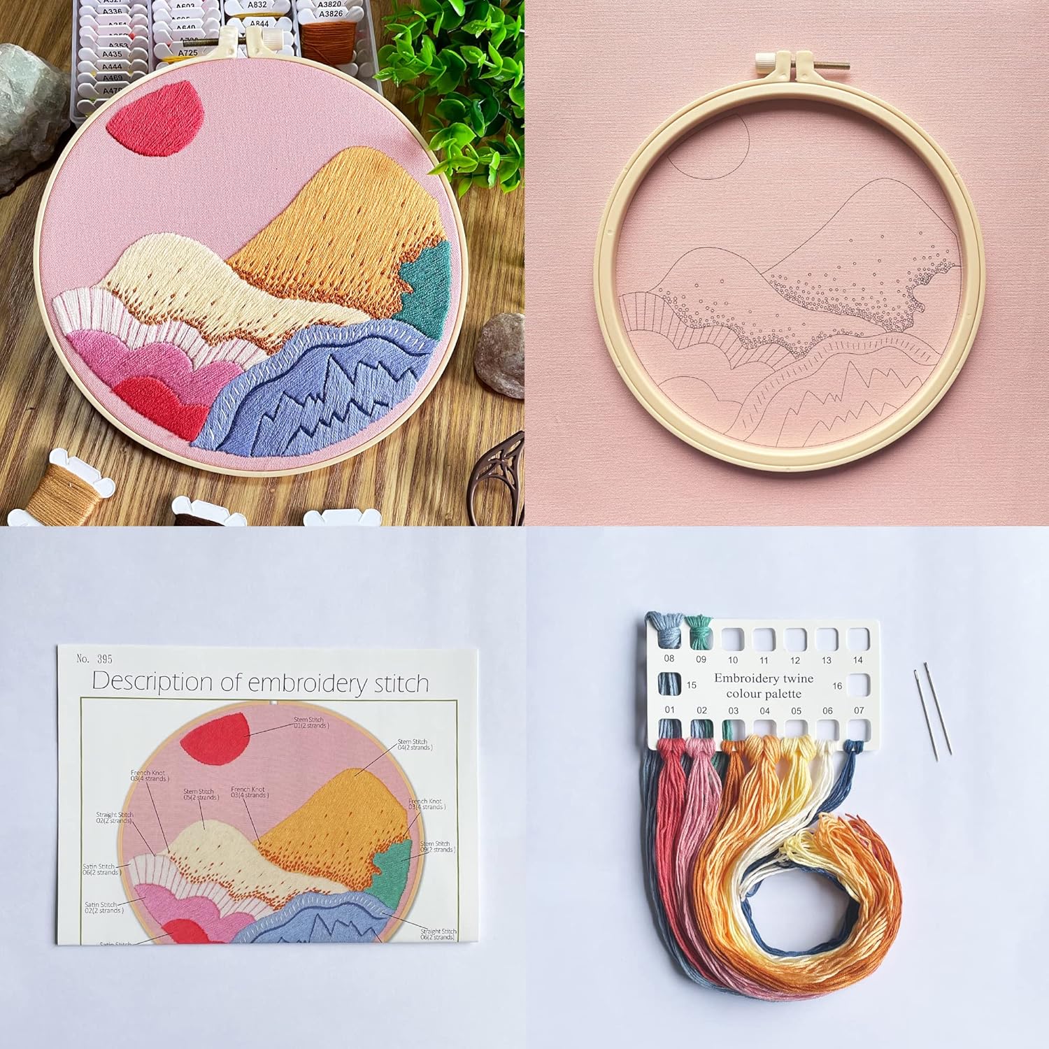 Kit de bordado, paño de bordado rosa, patrón de montañas, kit de iniciación de bordado, también incluye aro, aguja, hilo e instrucciones (rosa)