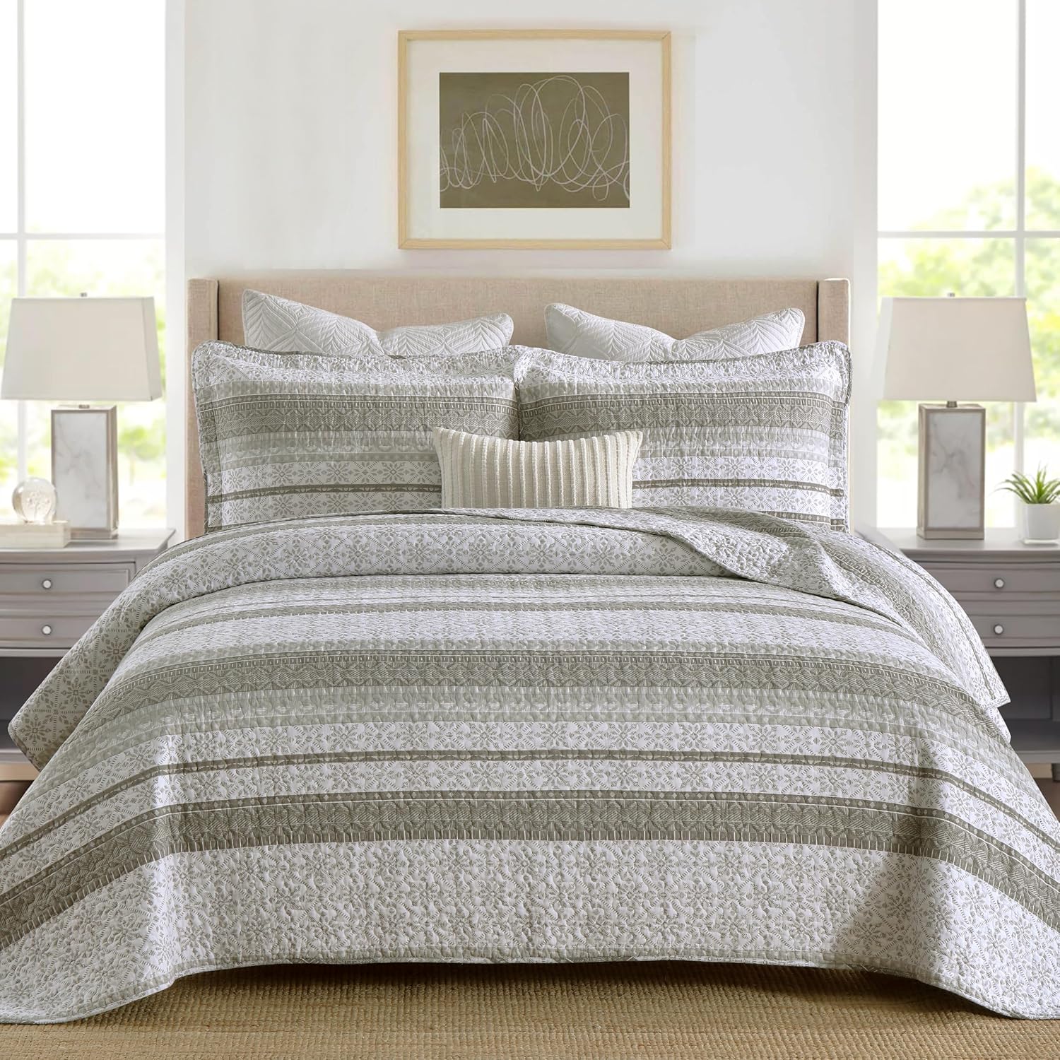 Homzard Juego de edredón Queen con rayas horizontales grises y blancas, vintage, geométrico, floral, 100% algodón, juego de ropa de cama de 3 piezas