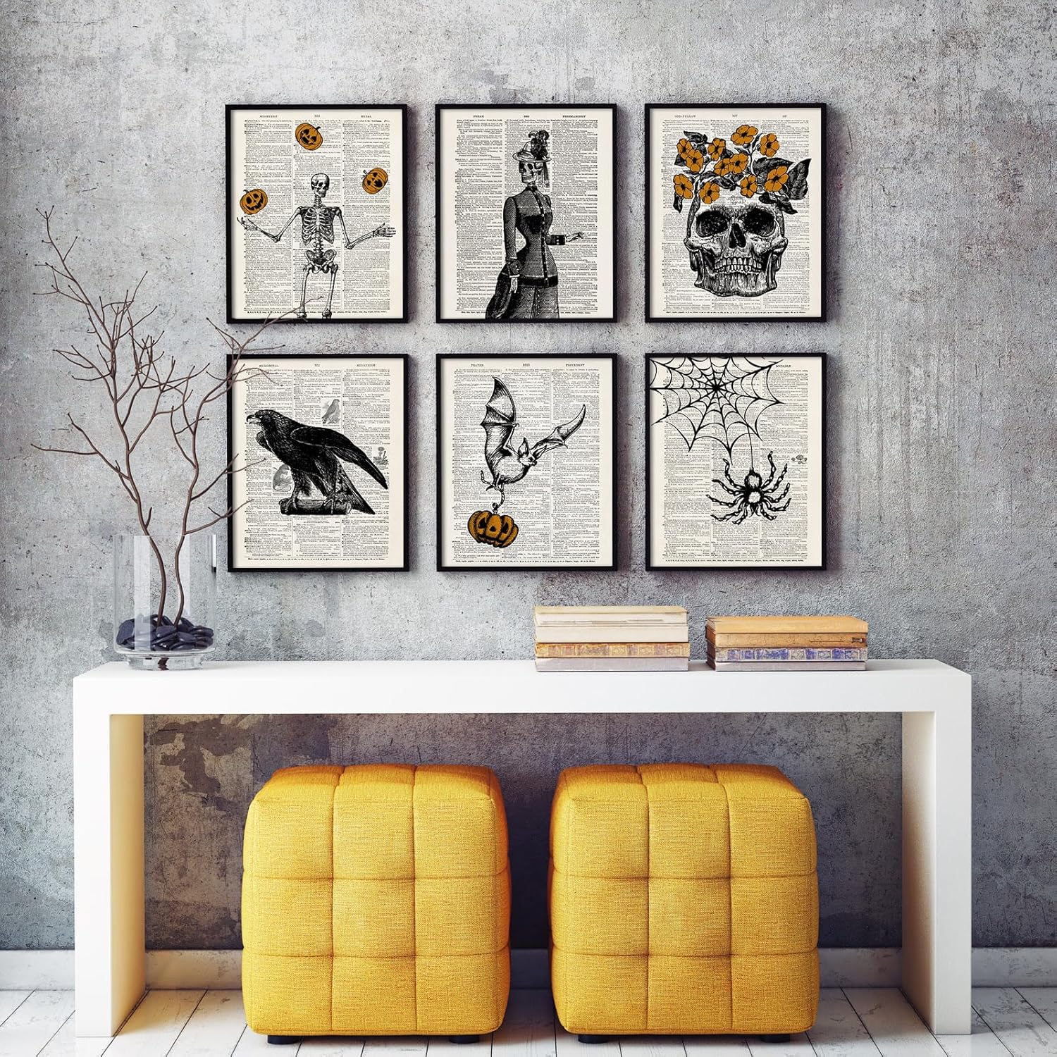 Whaline 6 impresiones artísticas de esqueleto de Halloween de 12 x 16 pulgadas, espeluznante arte gótico para pared, póster de Murciélago Bruja,