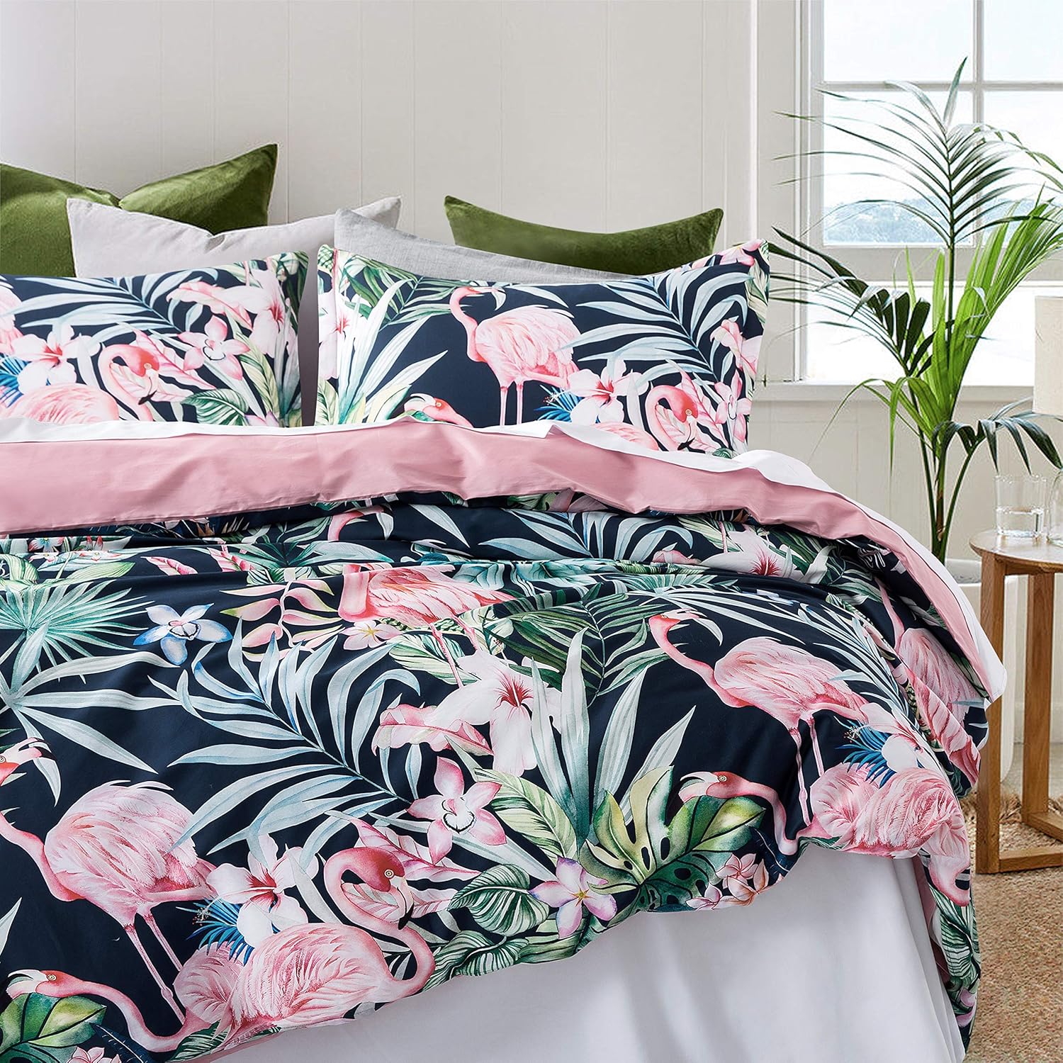 Eikei Juego de funda de edredón y fundas de almohada con hojas de palma, exóticas tropicales, islas, árboles, ramas, paraíso y pájaros, plantas de