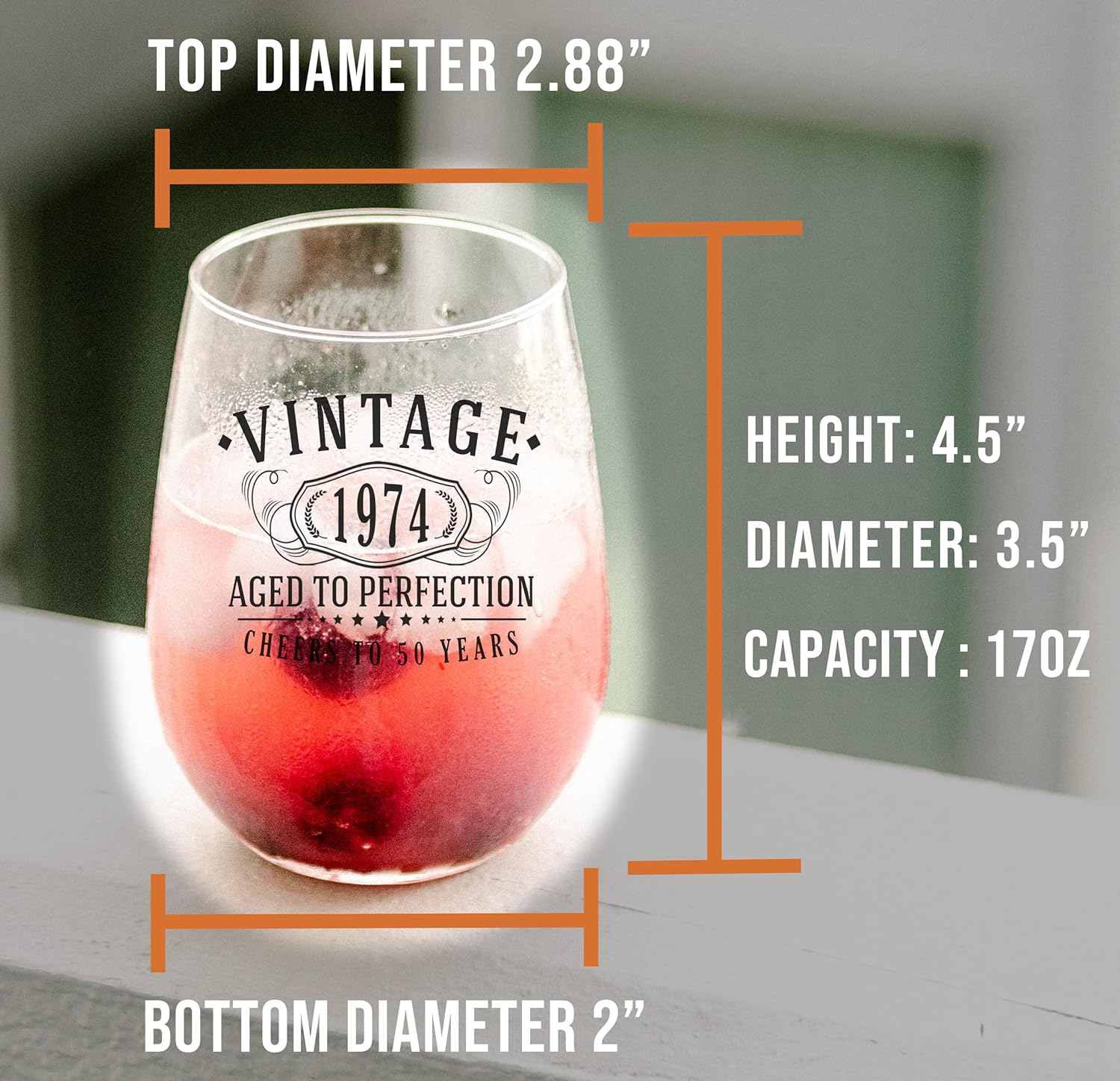 Copa de vino sin tallo vintage de 1974 con estampado negro de 17 onzas, regalo de feliz cumpleaños 50 para mujeres y hombres, saludos a 50 años,