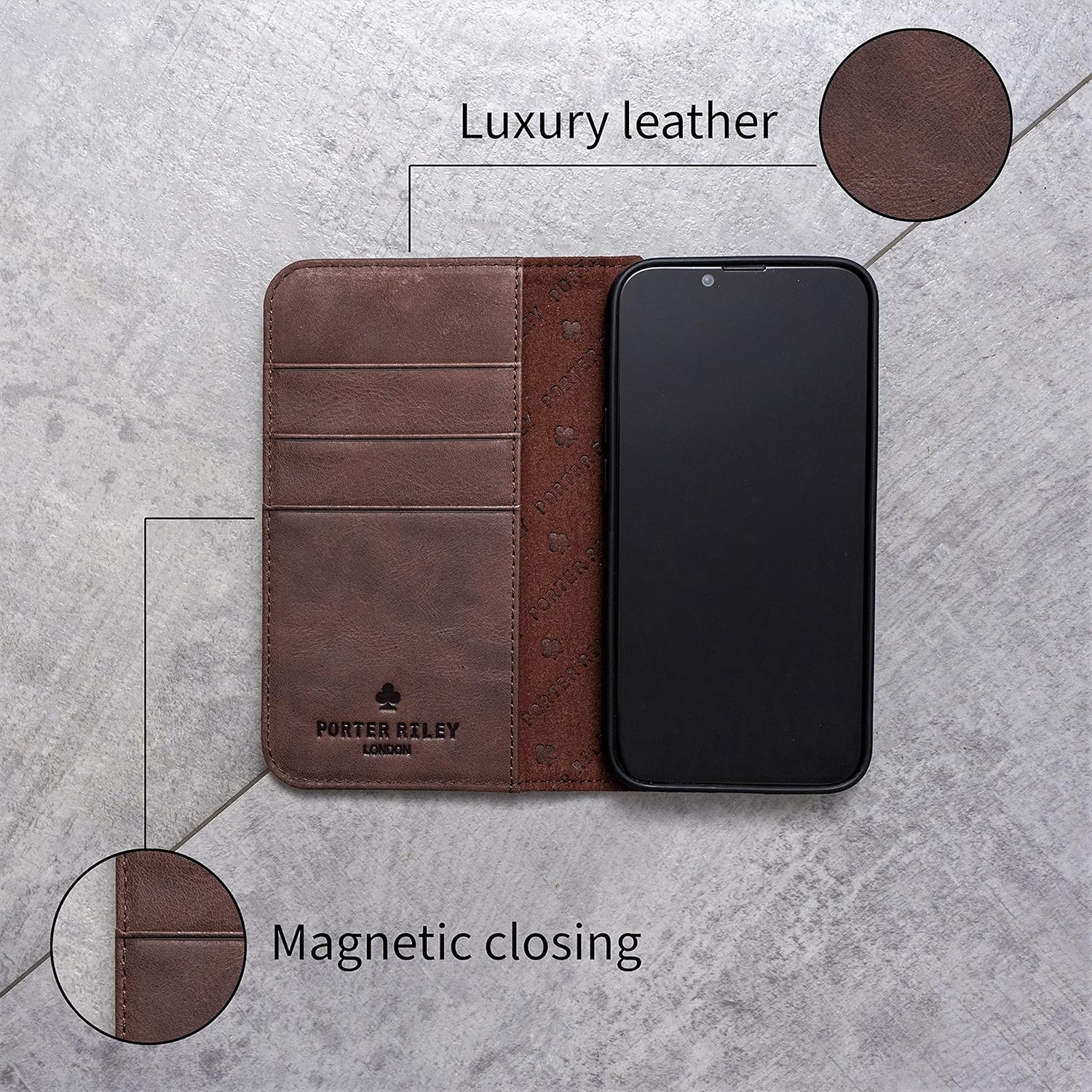 Porter Riley – Funda de cuero para iPhone 13 Pro Max (6.7 pulgadas). Funda de piel auténtica con soporte, carterabilletera con ranuras para