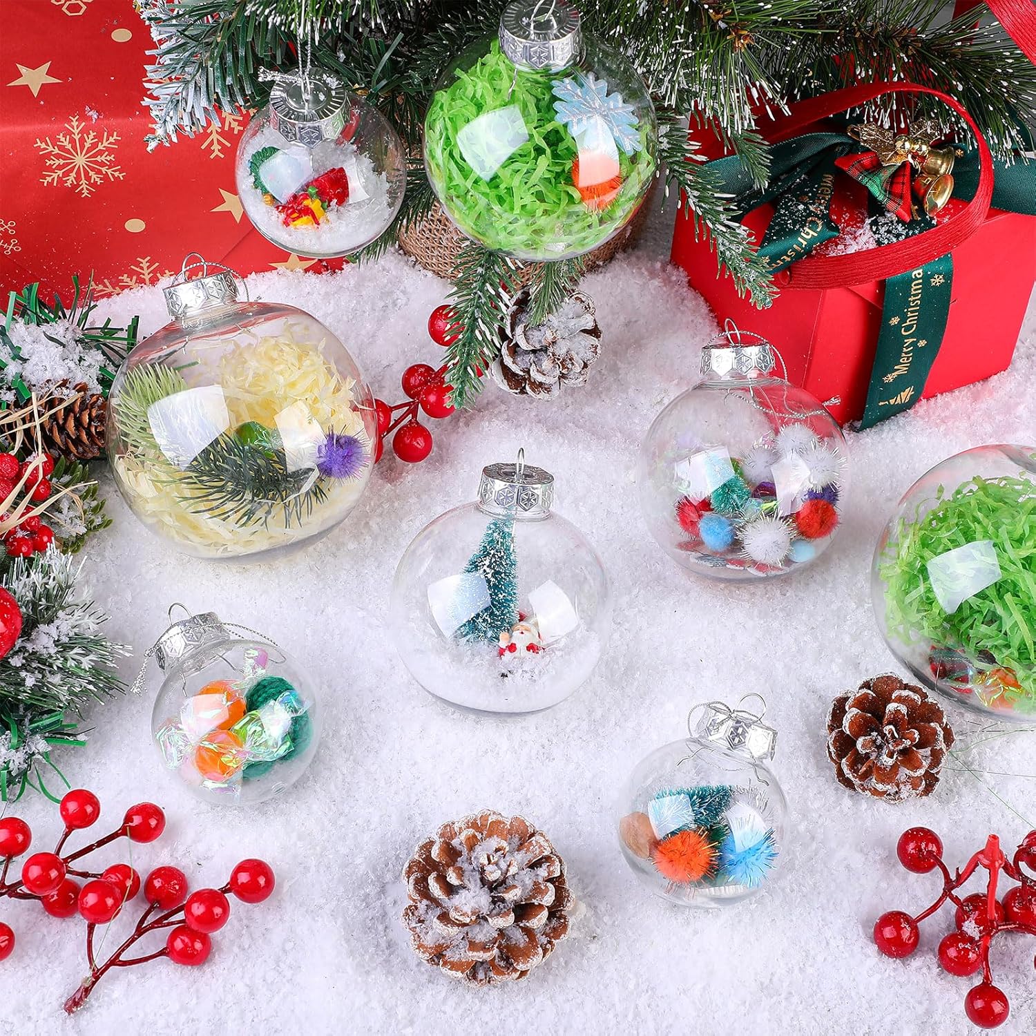 50 adornos de plástico transparente con tapa y cuerda para colgar, esferas rellenables de Navidad para manualidades, árbol de Navidad, fiesta, boda,