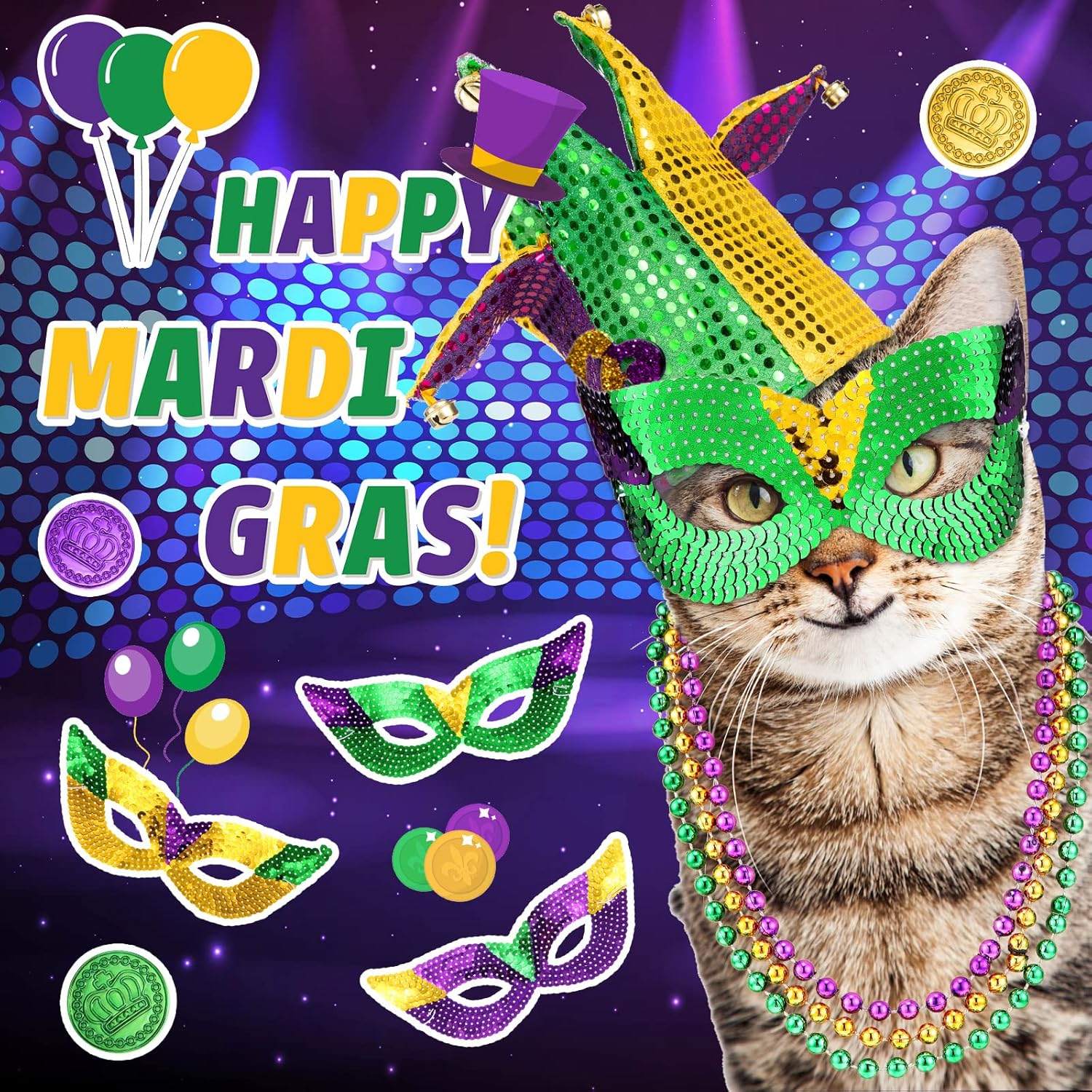 120 unidades de Mardi Gras, recuerdos de fiesta, Mardi Gras, máscaras de ojos de plástico, morado, verde, dorado, monedas, collares, pulseras de