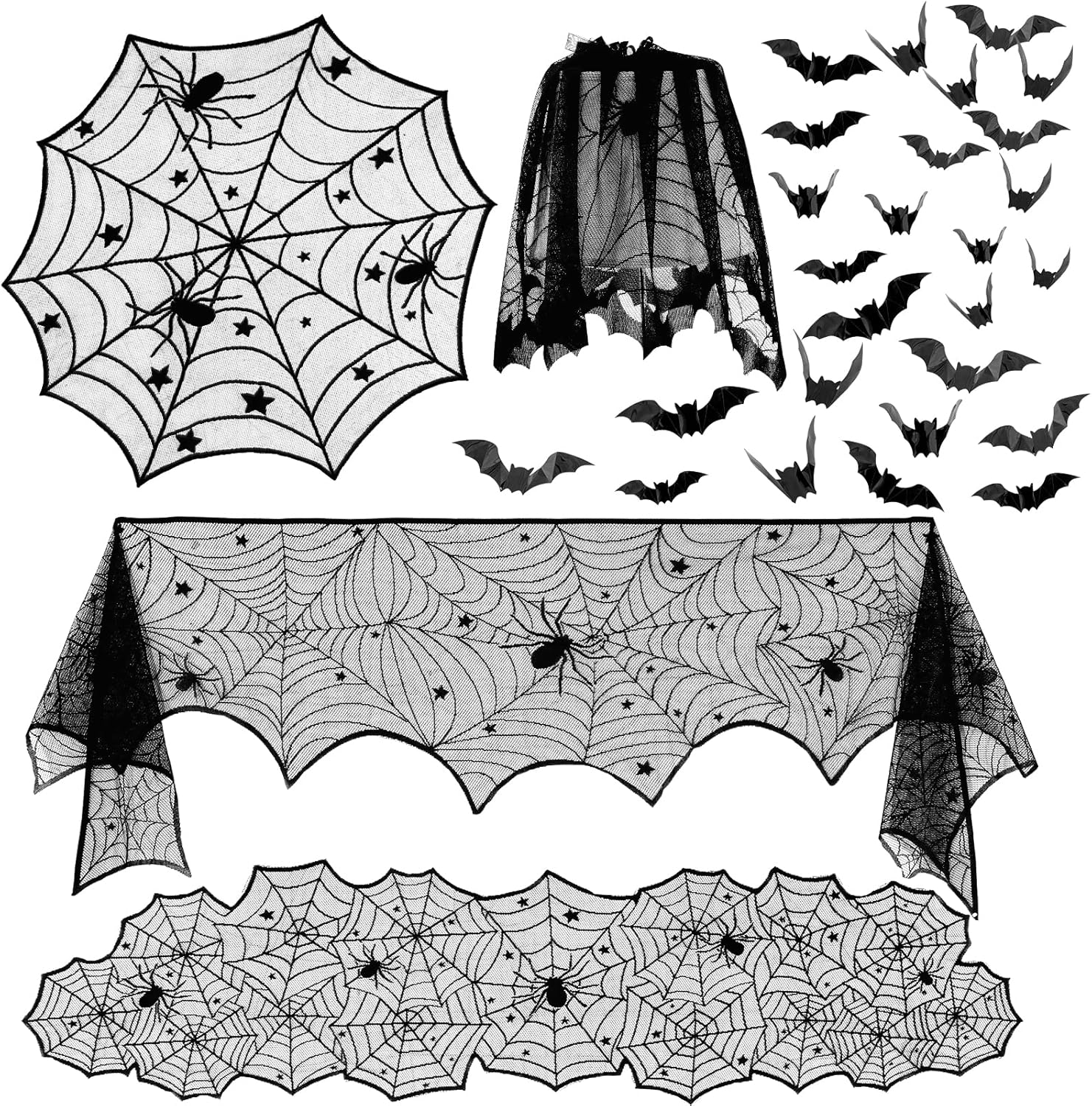 Paquete de 5 manteles de decoración de Halloween, camino de mesa de encaje negro, redondo, telaraña, mantel de chimenea, bufanda de telaraña,