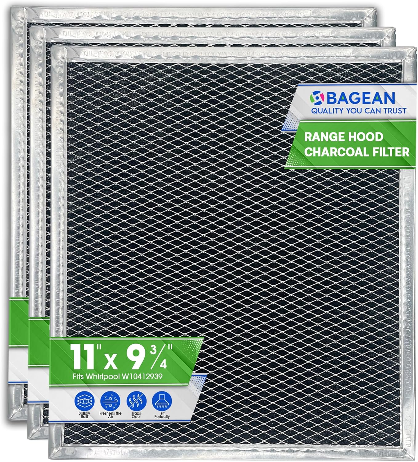 Filtro de carbón de repuesto para filtro de campana extractora Whirlpool W10412939 de 11.02 x 9.73 pulgadas, filtro de carbón sin conductos para