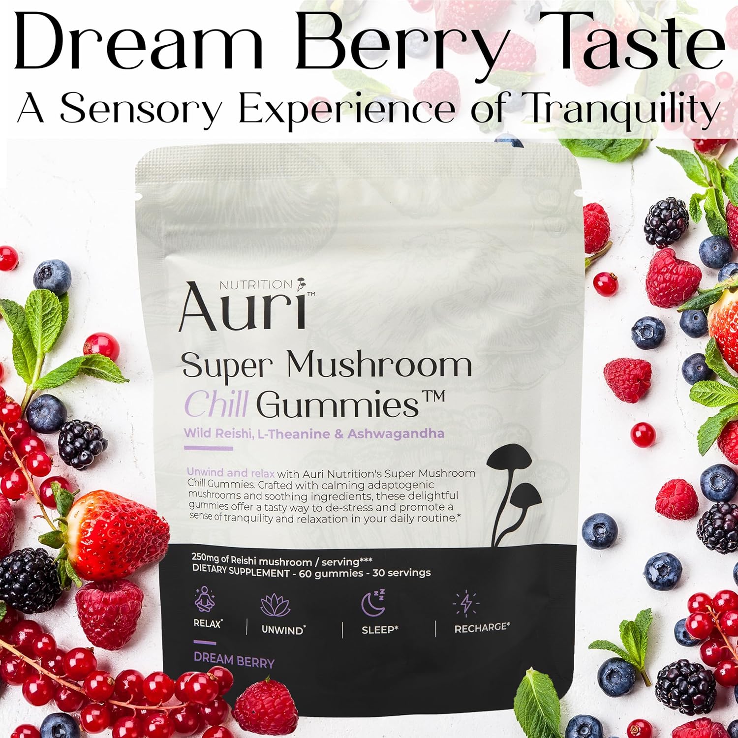 Auri Gomitas Super Mushroom Chill  Ayuda calmante natural y suplemento de reducción del estrés para adultos con hongo Reishi, Ashwagandha, L-teanina