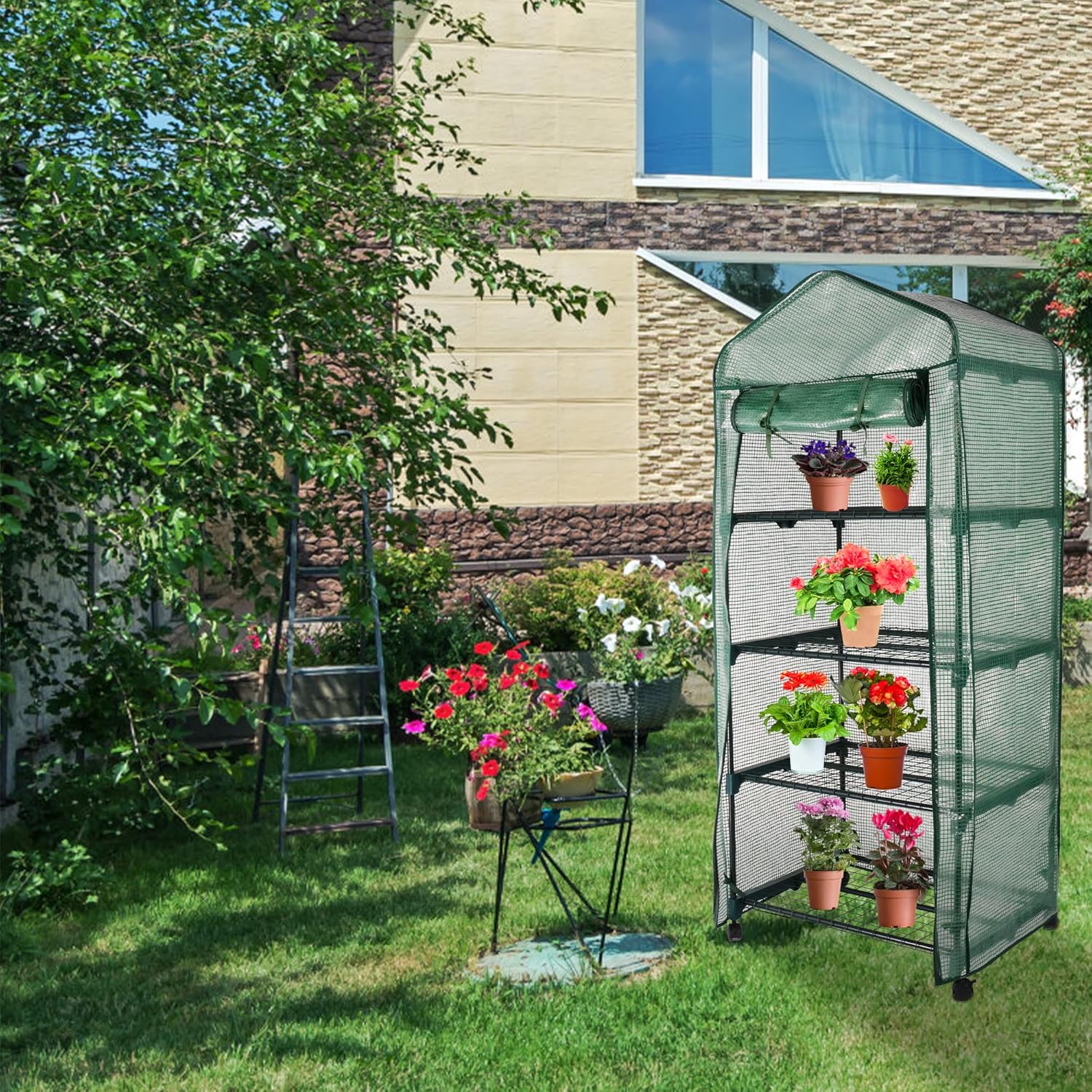 Mini invernadero de 4 niveles para interiores y exteriores, pequeña casa verde con ruedas giratorias y cubierta de PVC, mini invernadero rodante