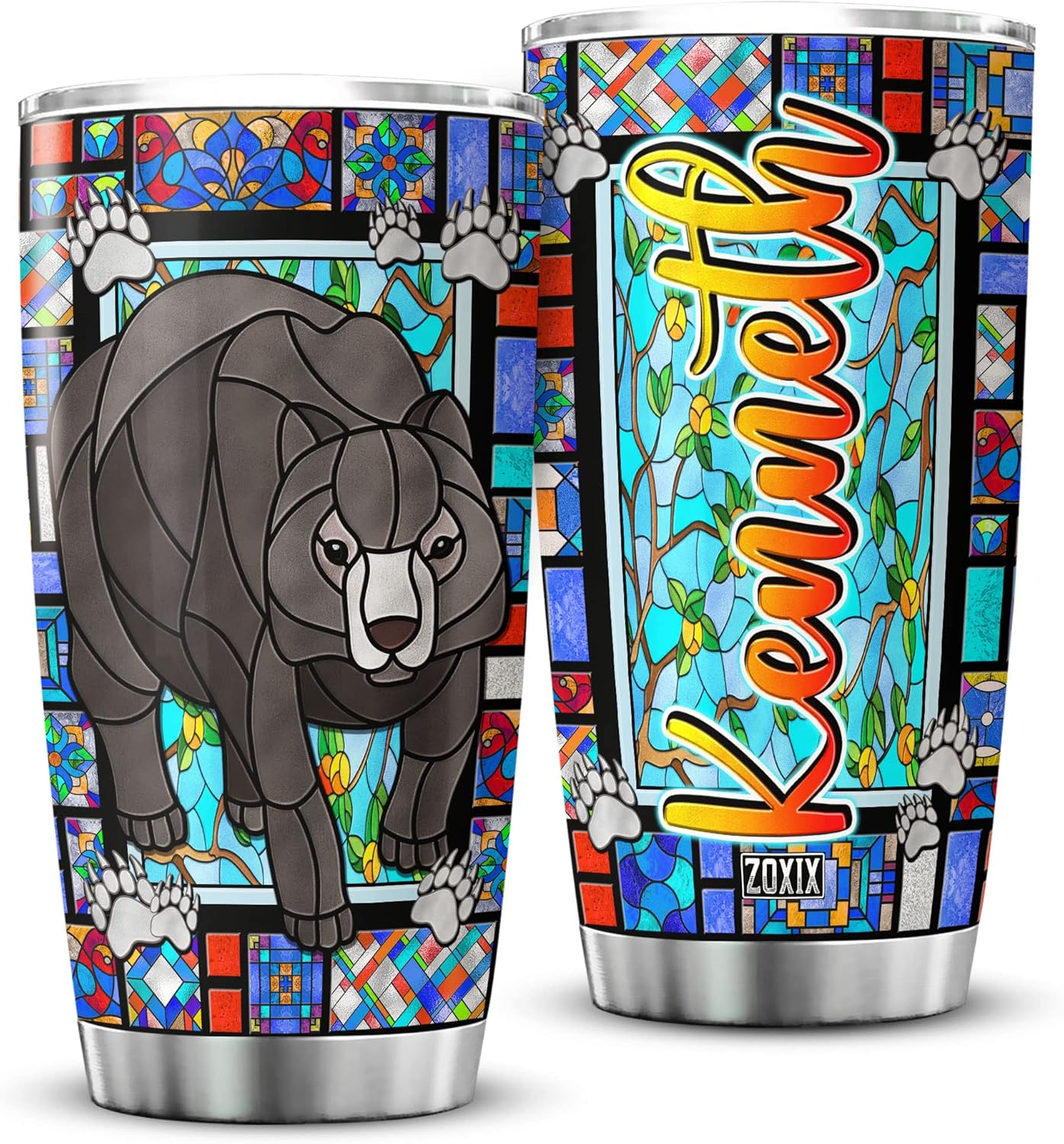 ZOXIX Vaso personalizado con diseño de oso lindo de 20 onzas, colorido estilo vitral, vida silvestre, temática de animales, ideas de regalo, taza