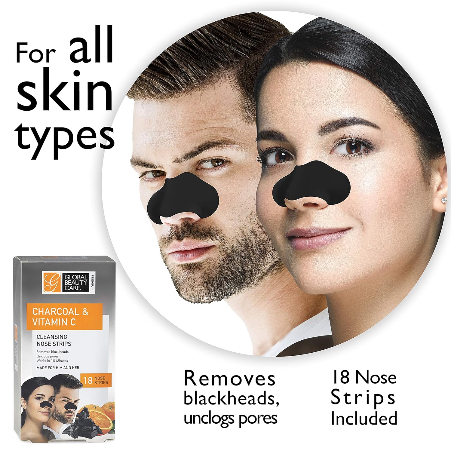 Global Beauty Care 18 tiras de limpieza de nariz de carbón activado y vitamina C tiras nasales para eliminación de puntos negros, tiras removedoras