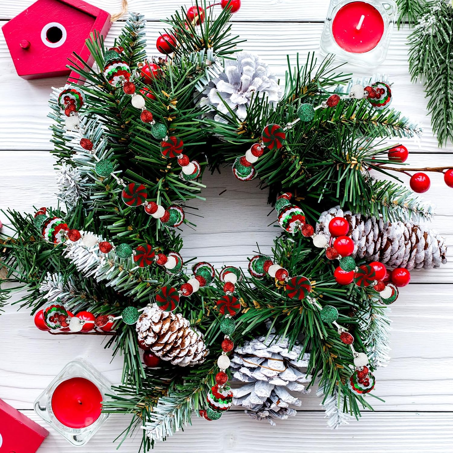 Guirnalda de bastones de caramelo de Navidad de 16 pies, adornos de menta, guirnalda de caramelos, coronas de bolas de Navidad, adornos colgantes