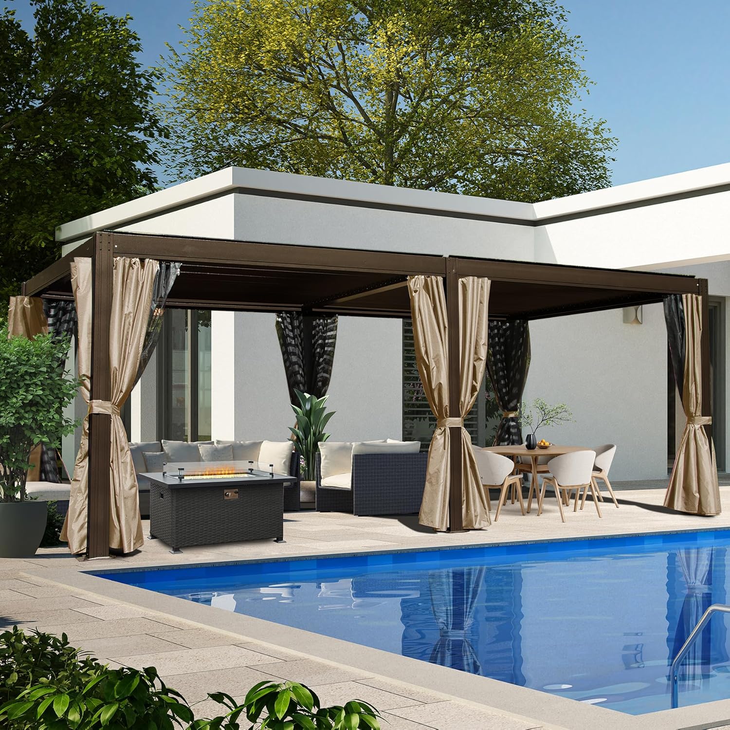 Domi Outdoor Living Gazebo de aluminio con listones para exteriores, 12 x 20 pies, con techo ajustable para patio trasero, jardín con cortinas y red