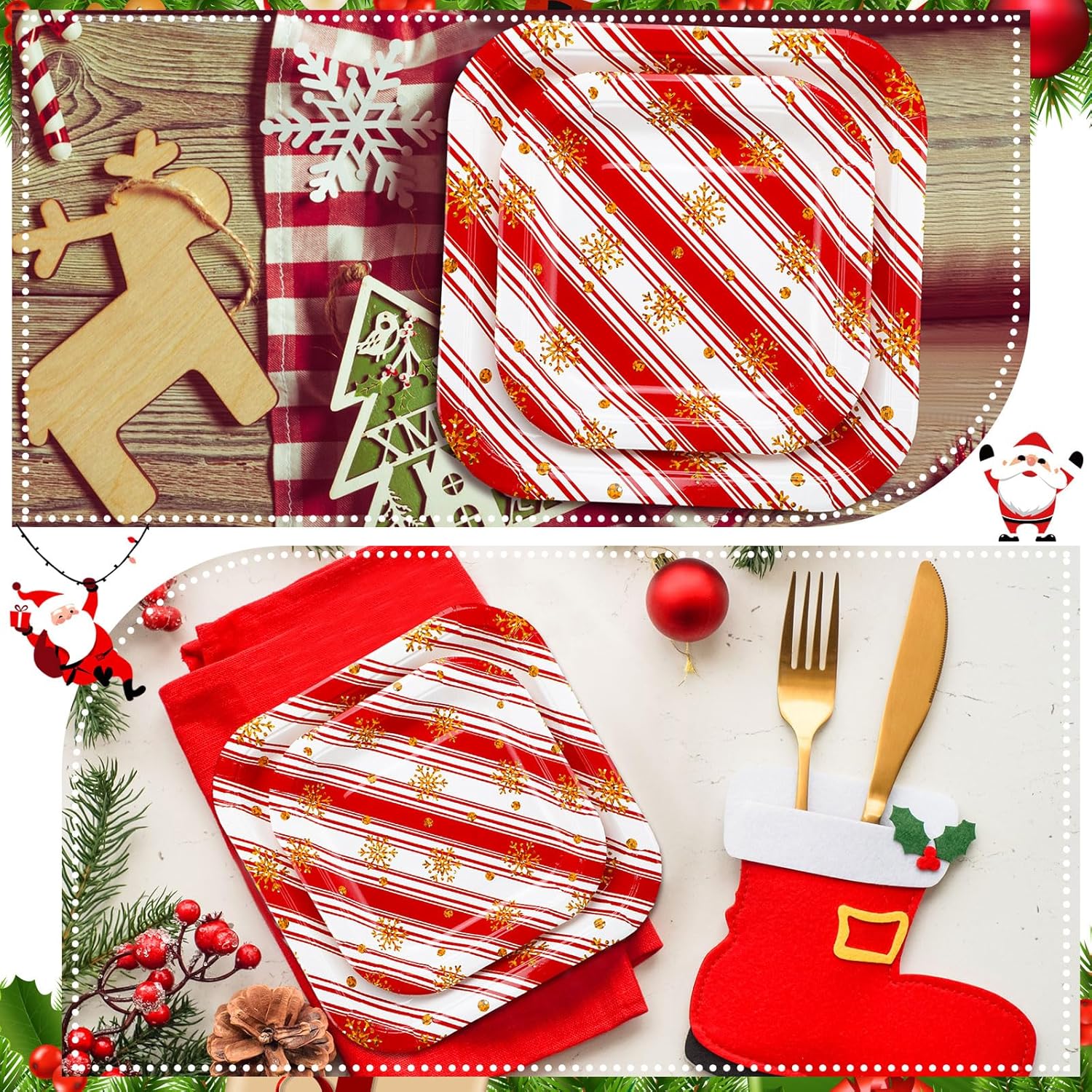 Umigy 100 platos de papel de Navidad, platos desechables para cena, platos de papel de copo de nieve de oro rojo, platos de postre a granel de 7