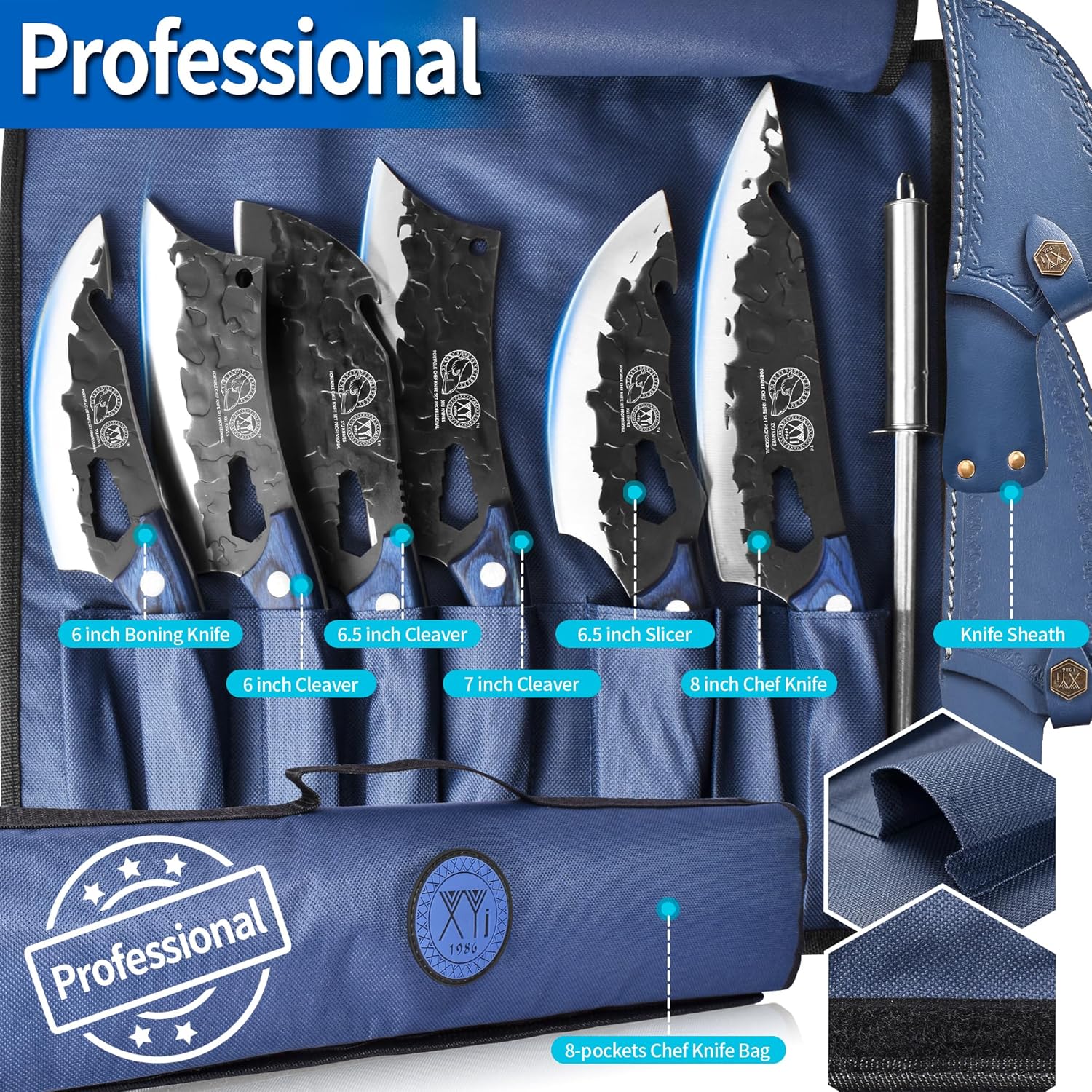 XYJ Juego de cuchillos de chef portátil profesional, cuchillo de chef de espiga completa para exteriores, juego de 6 piezas de cuchillos de cocina