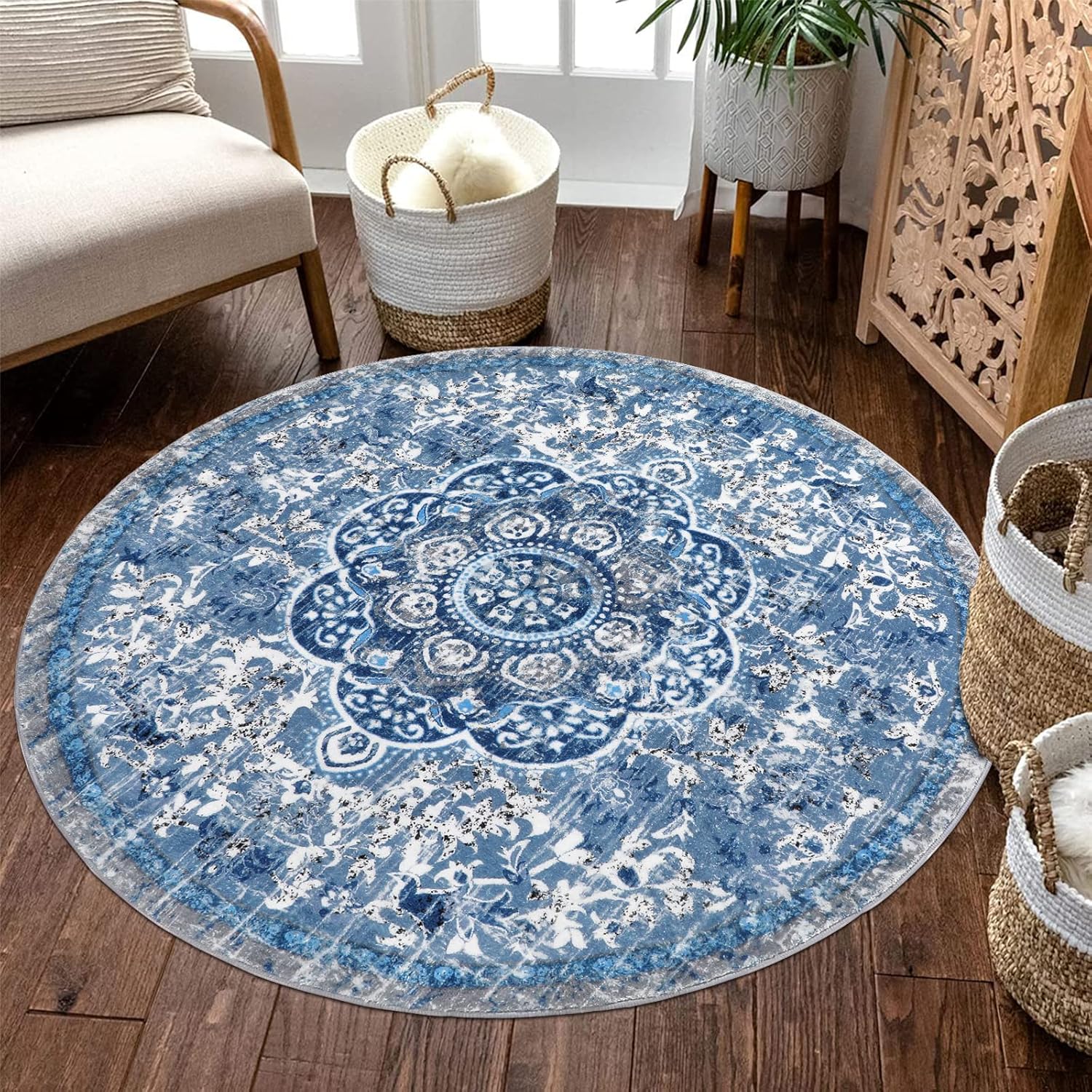 HEBE – Alfombra redonda bohemia de 4 pies, antideslizante, lavable, para sala de estar, dormitorio, medallón envejecido, vintage, alfombra redonda,