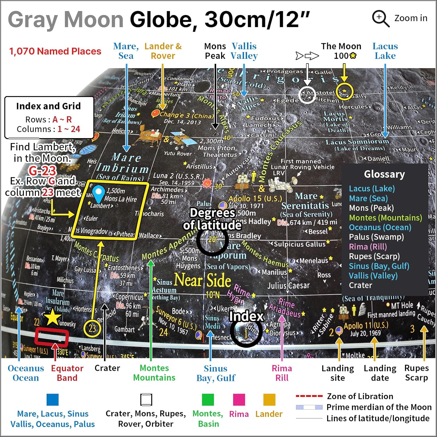 Mapsoft Prime – Globo lunar gris iluminado, 11.8 in, MI-30
