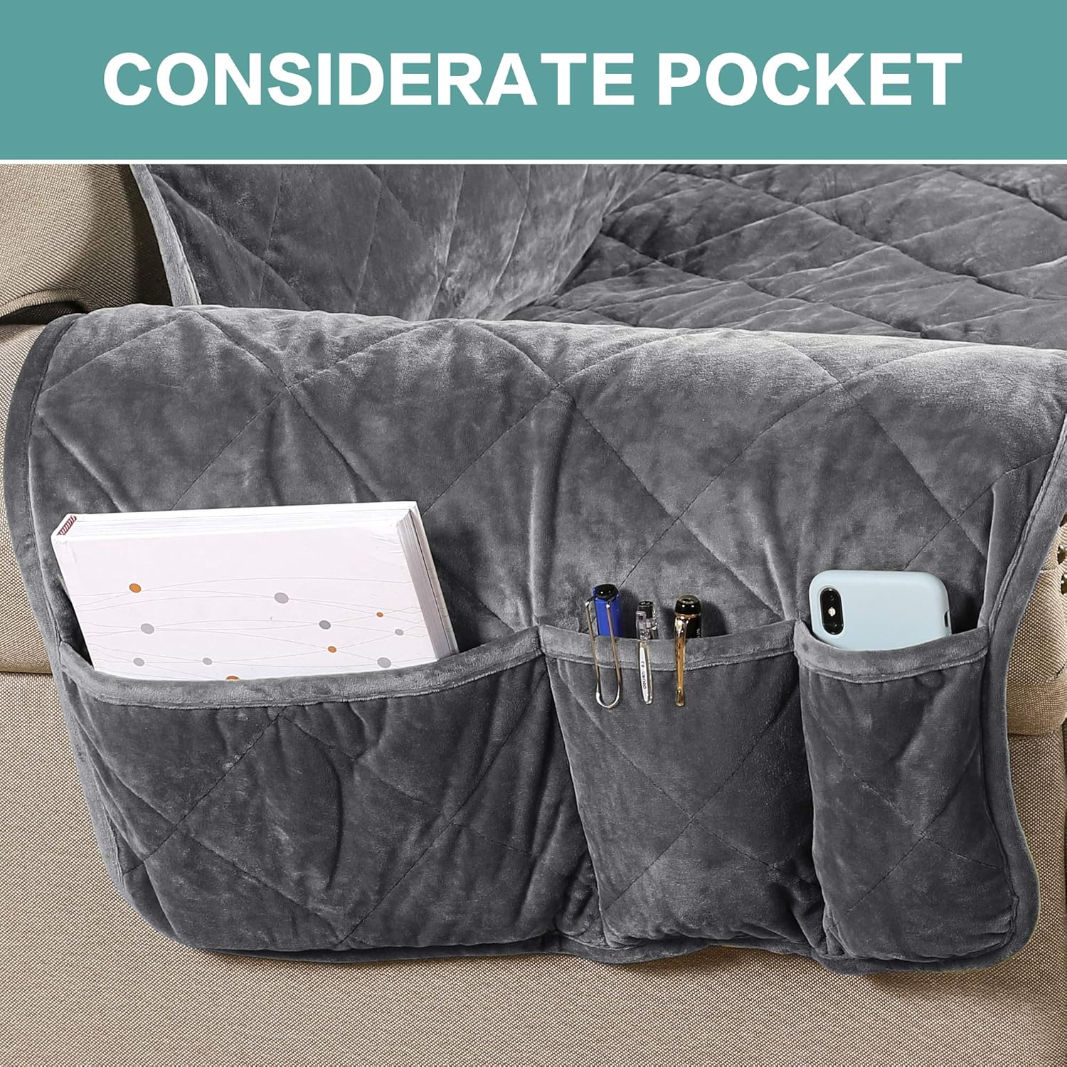 Turquoize – Funda de sofá reclinable de terciopelo, para sofá acolchado y reclinable con 3 cojines, resistente al deslizamiento, con correas, ancho