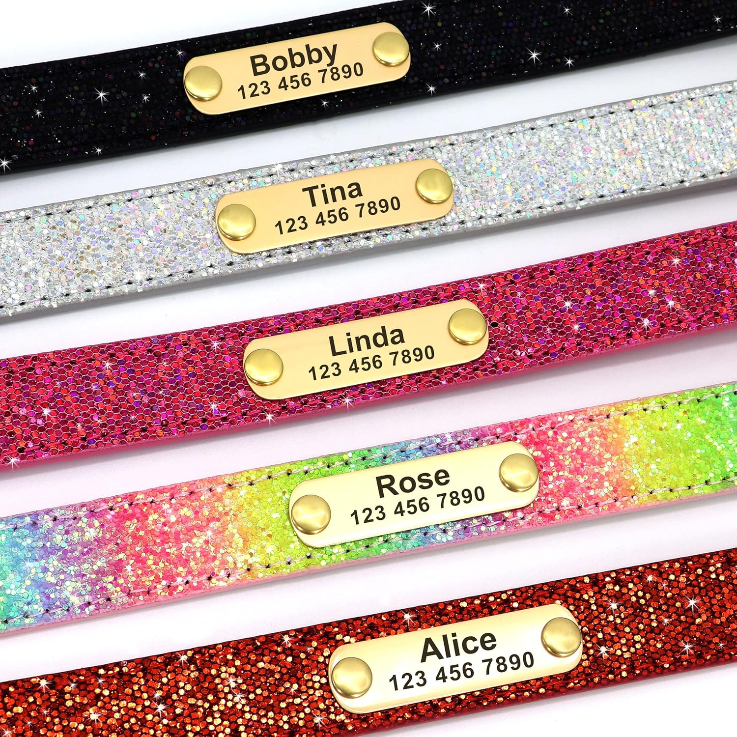 Didog Collares de perro con purpurina, collar de perro de piel sintética personalizada con lentejuelas brillantes, collares personalizados con placa