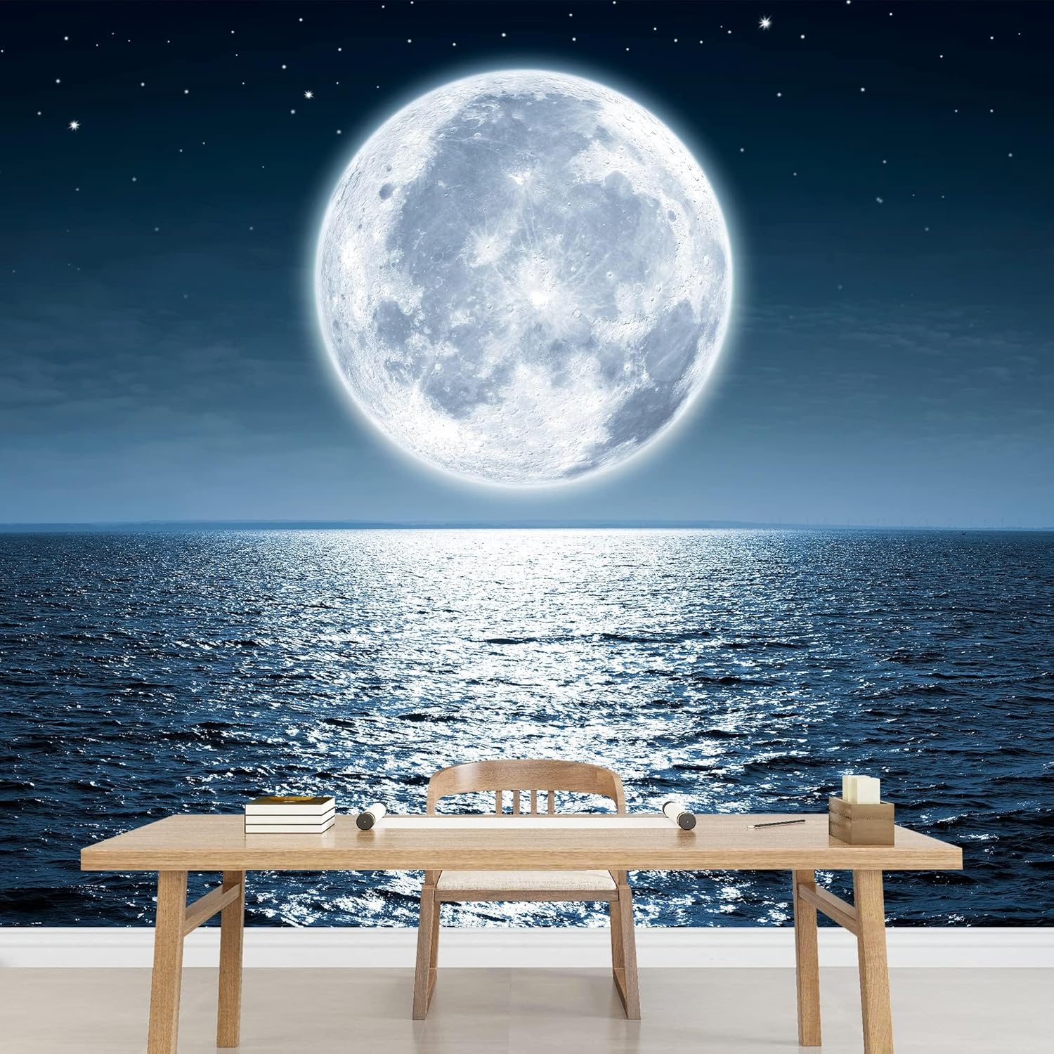 wall26 Mural de pared extraíble Luna llena que se levanta sobre el océano vacío por la noche con espacio de copia, papel tapiz grande autoadhesivo –