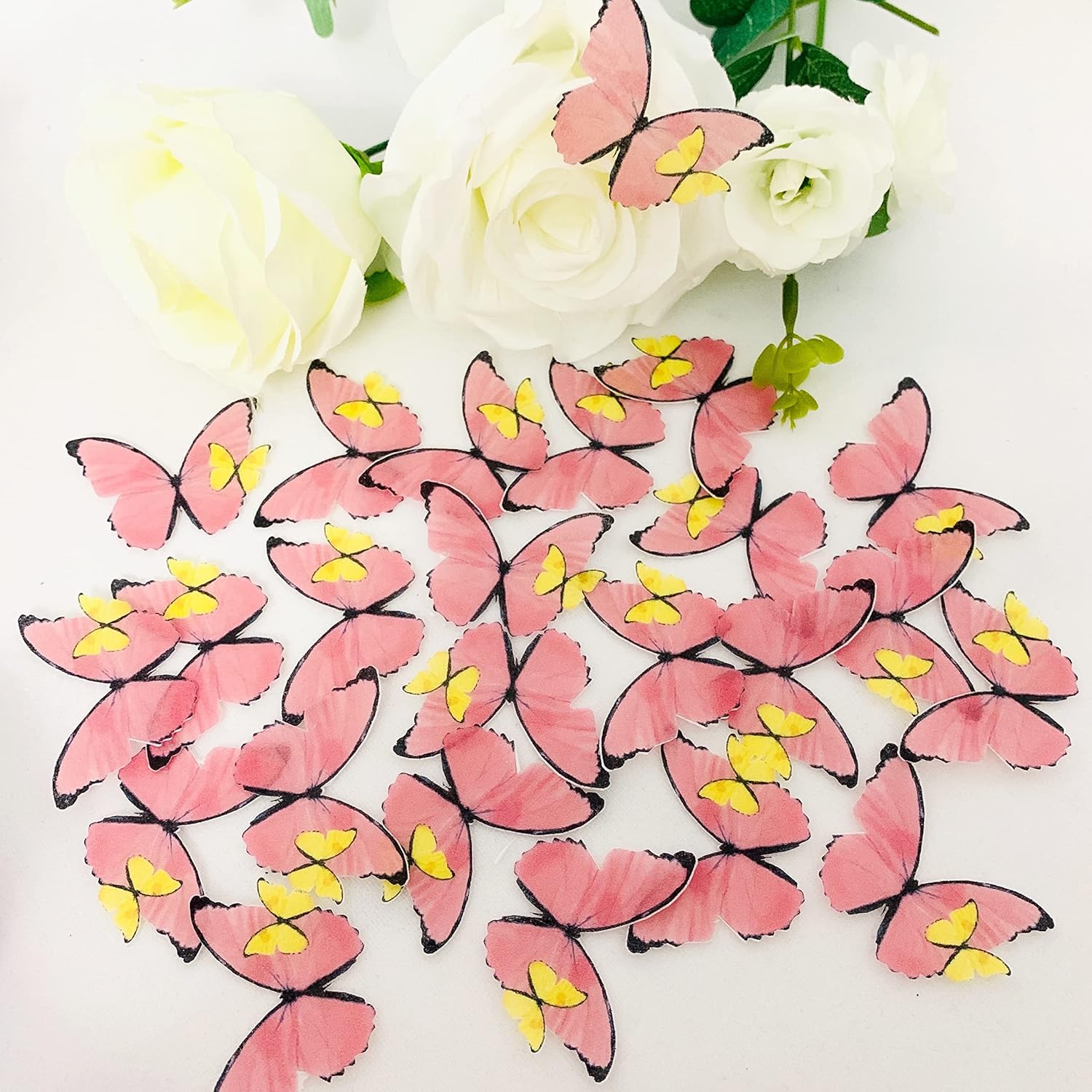 Juego de 24 mariposas comestibles de papel de oblea para decoración de cupcakes (rosaamarillo)