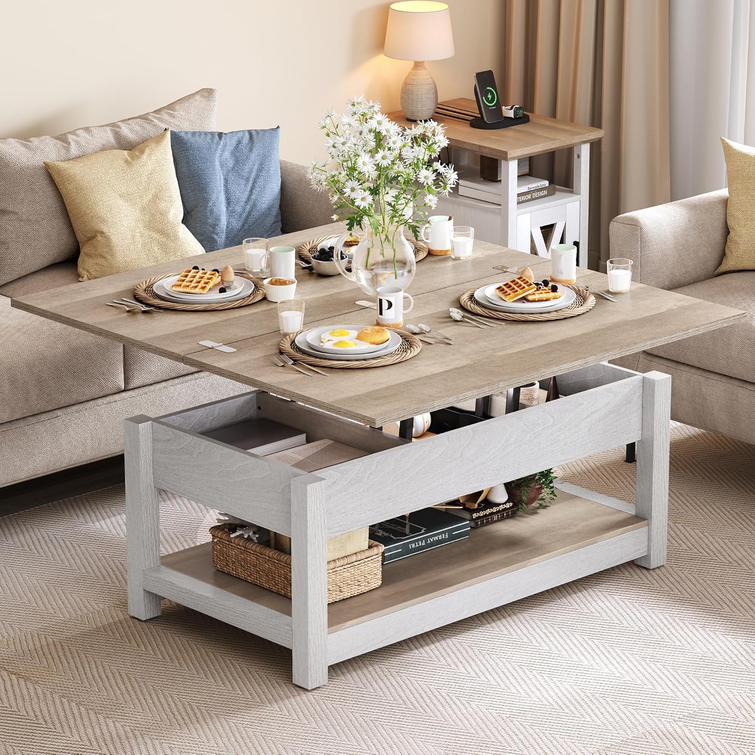 YITAHOME Mesa auxiliar elevable, 3 en 1, multifunción, con almacenamiento para sala de estar, mesa de comedor moderna de granja para sala de