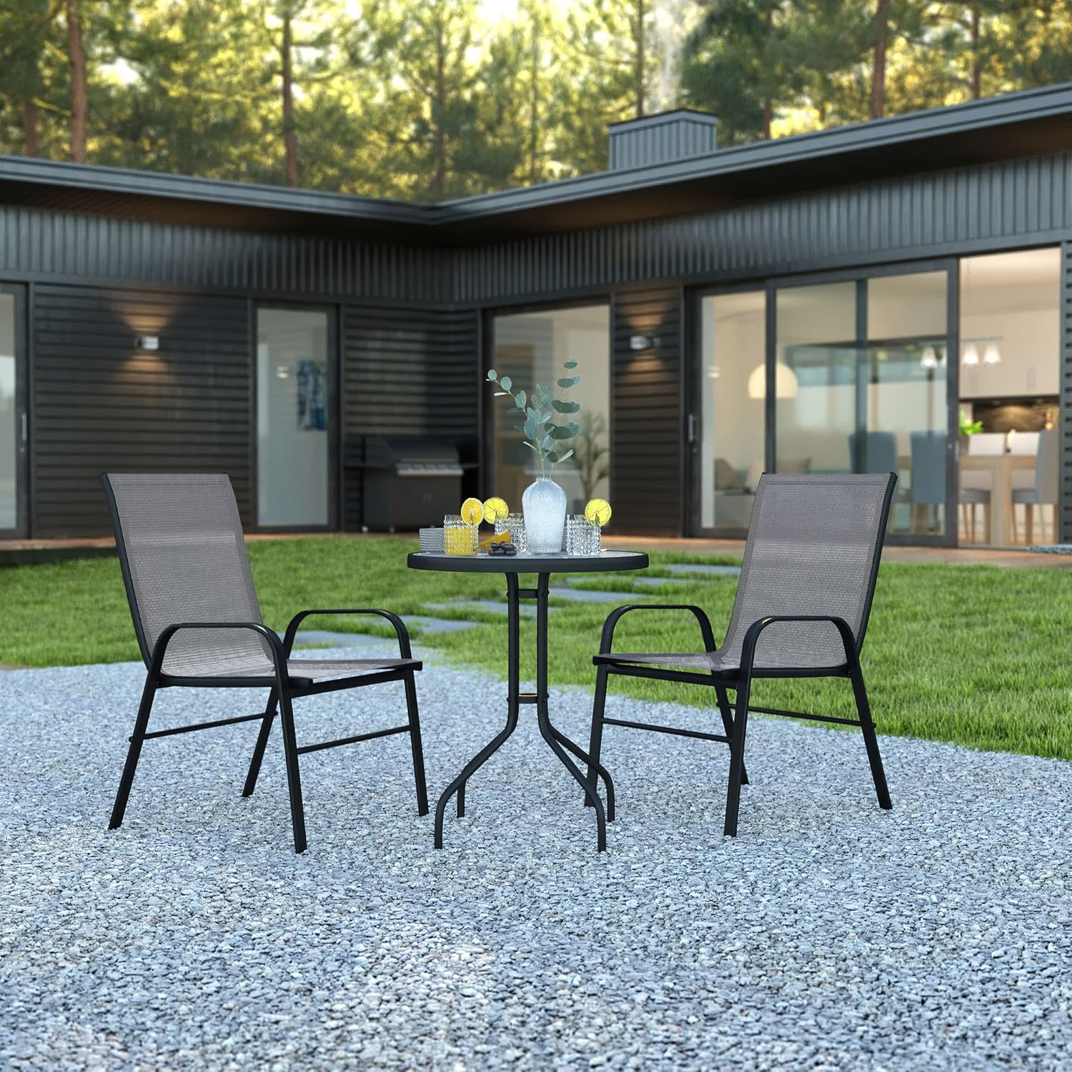 Flash Furniture 2 sillas apilables Flex Comfort, mesa redonda de vidrio templado de 23.75 pulgadas, color gris