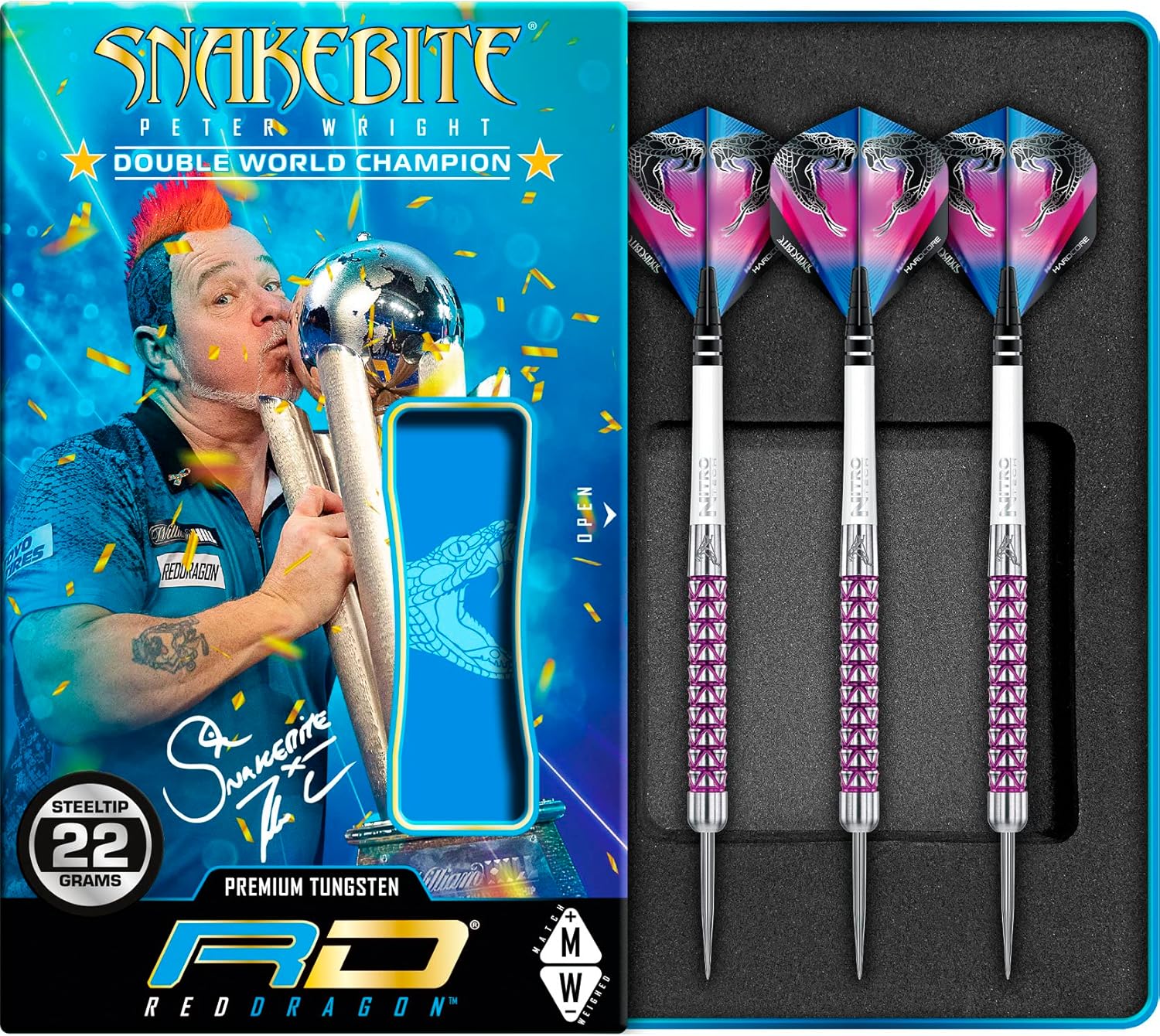 RED DRAGON Peter Wright Snakebite Vyper juego de dardos de tungsteno de 0.78 oz con vuelos y tallos