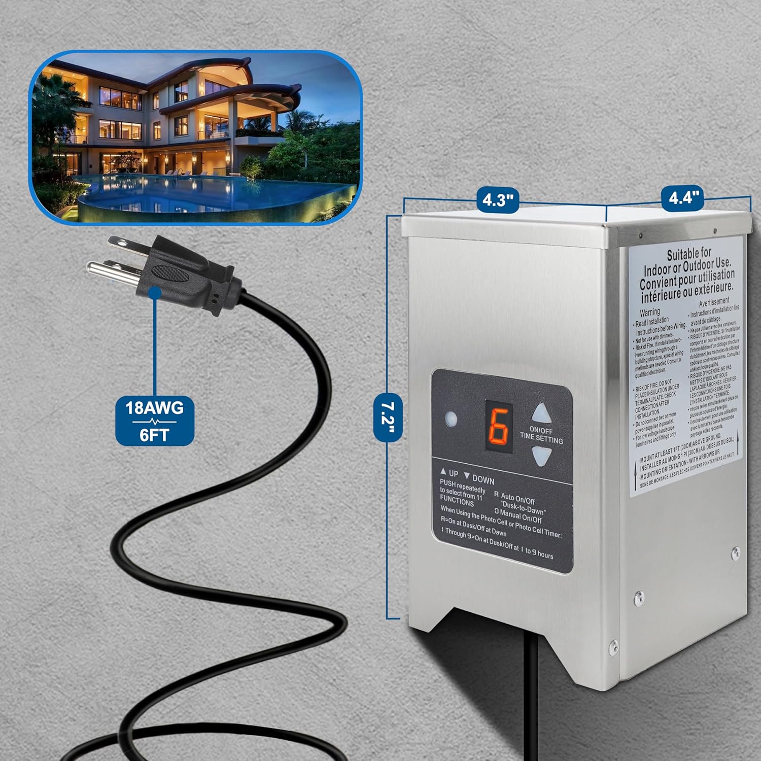 Transformador de paisaje de bajo voltaje de 150 W, 120 V CA a 12 V15 V CA, transformador al aire libre con sensor de fotocélula y temporizador,