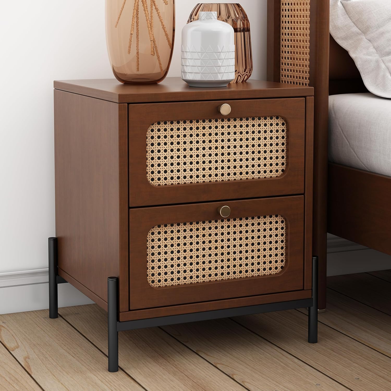 Mesita de noche de 2 cajones, moderna mesa auxiliar de madera de ratán con 2 cajones, armario de almacenamiento de madera pequeño para dormitorio,