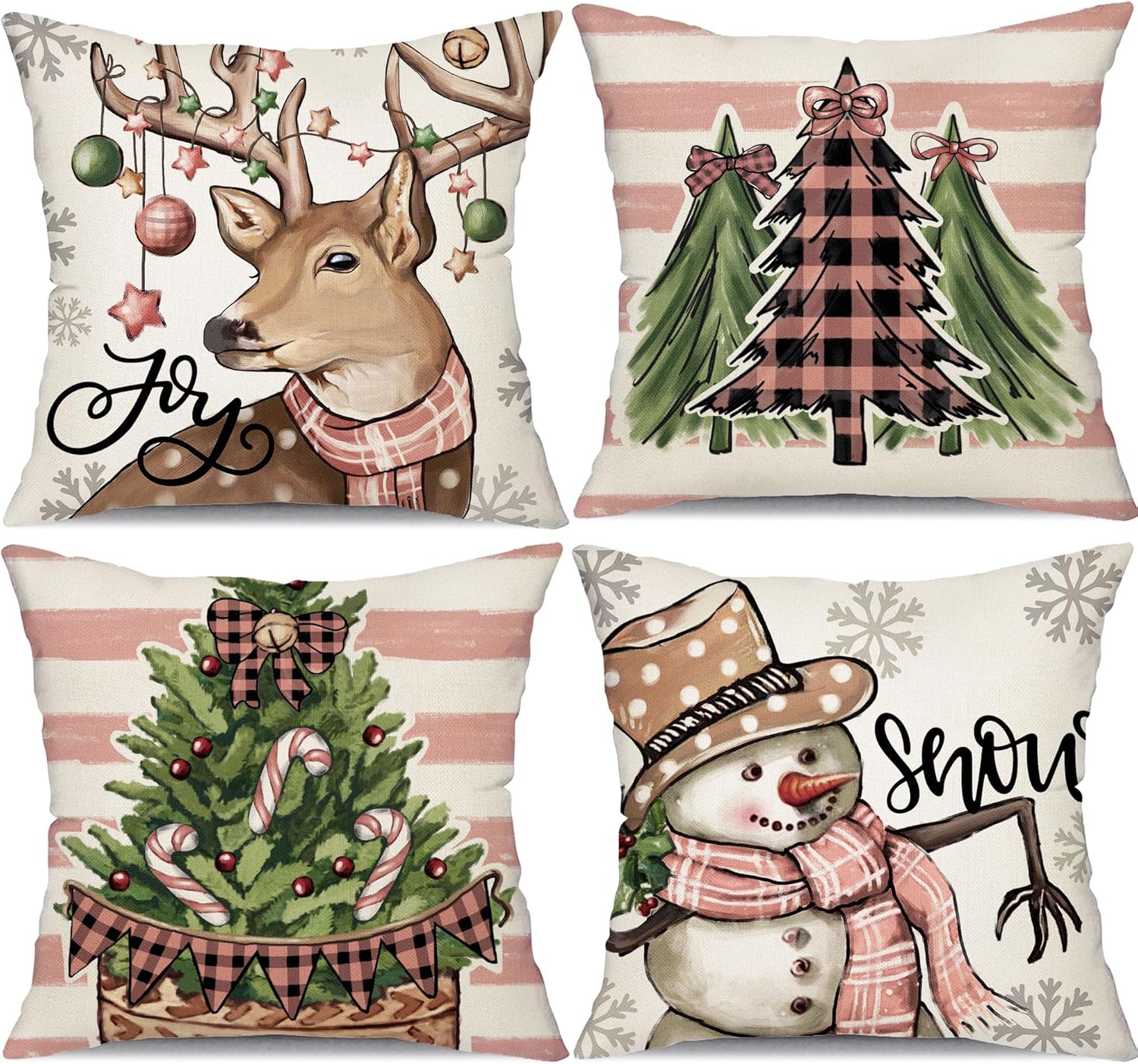 DFXSZ Juego de 4 fundas de almohada navideñas de 18 x 18 pulgadas, diseño de muñeco de nieve de Navidad, renos, rosa y negro, bufanda decorativa de