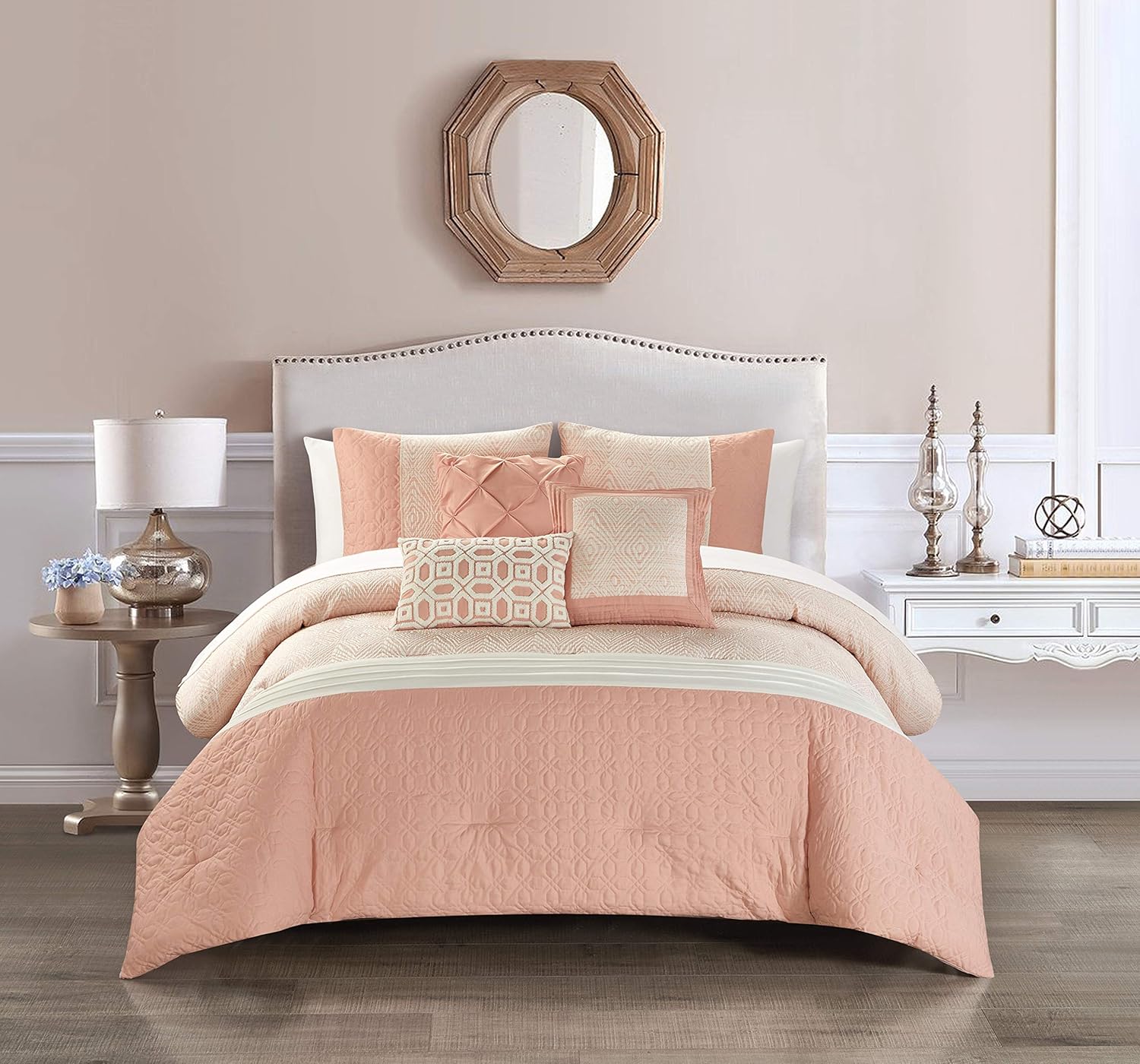 Chic Home Imani – Juego de edredón de 6 piezas jacquard con patrón geométrico de diamantes con diseño de bloques de color, fundas de almohada