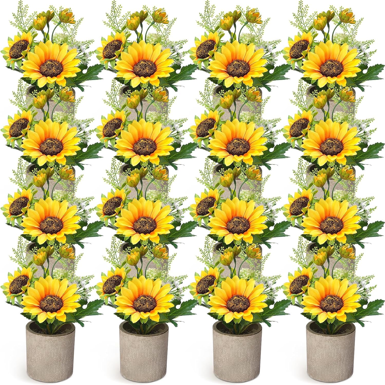 16 girasoles artificiales amarillos falsos en macetas, girasoles, flores artificiales, centros de mesa para mesas, girasoles, plantas en maceta para