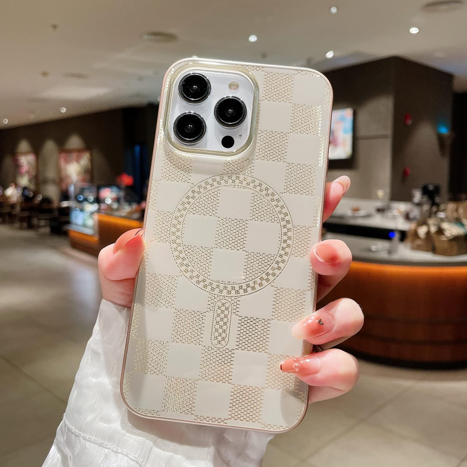 RMAONT Funda magnética para iPhone 13 Pro Max, diseño de cuadrícula de ajedrez a cuadros, funda protectora a prueba de golpes, parte trasera dura,