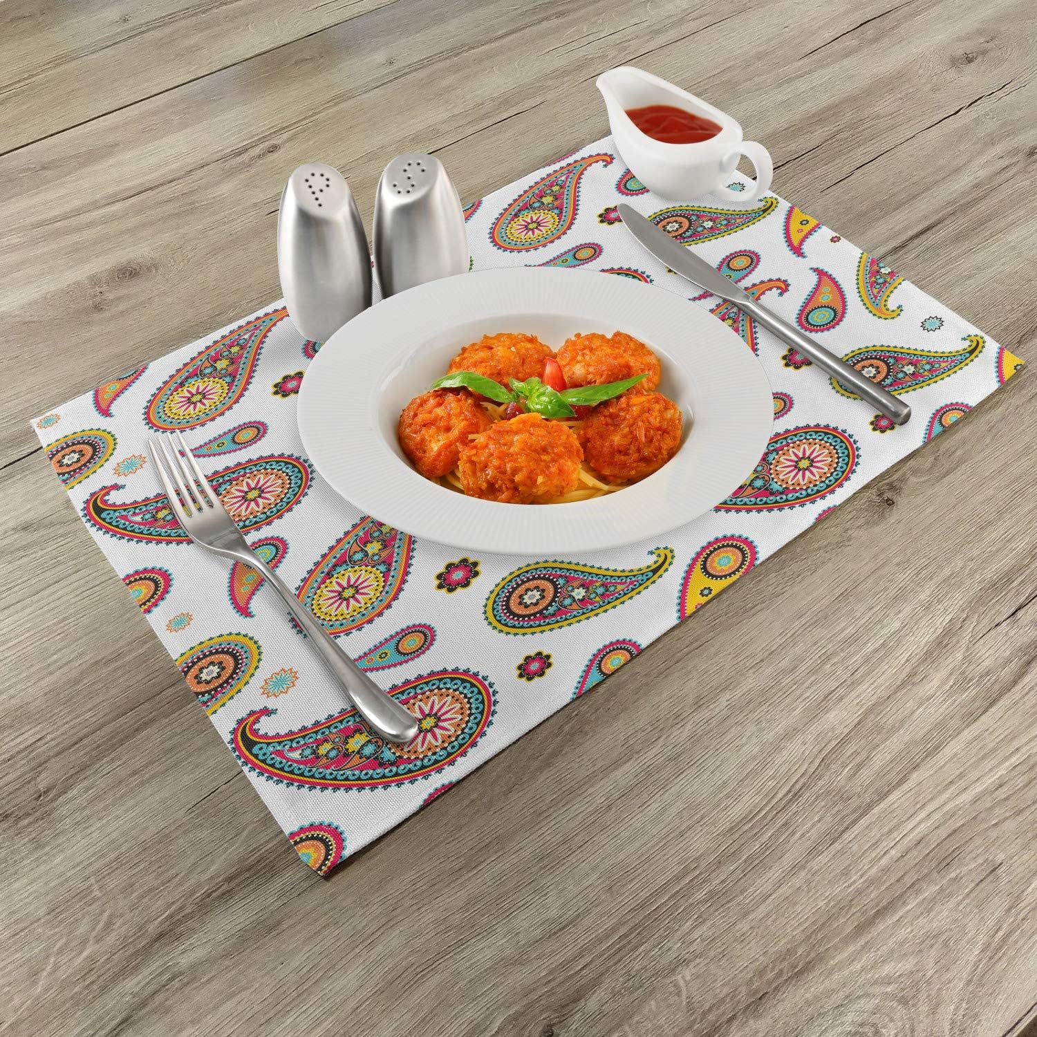 Ambesonne Paisley Place Mats – Juego de 4, patrones vintage de cachemira persa sobre fondo liso con inspiración hippie, manteles individuales de