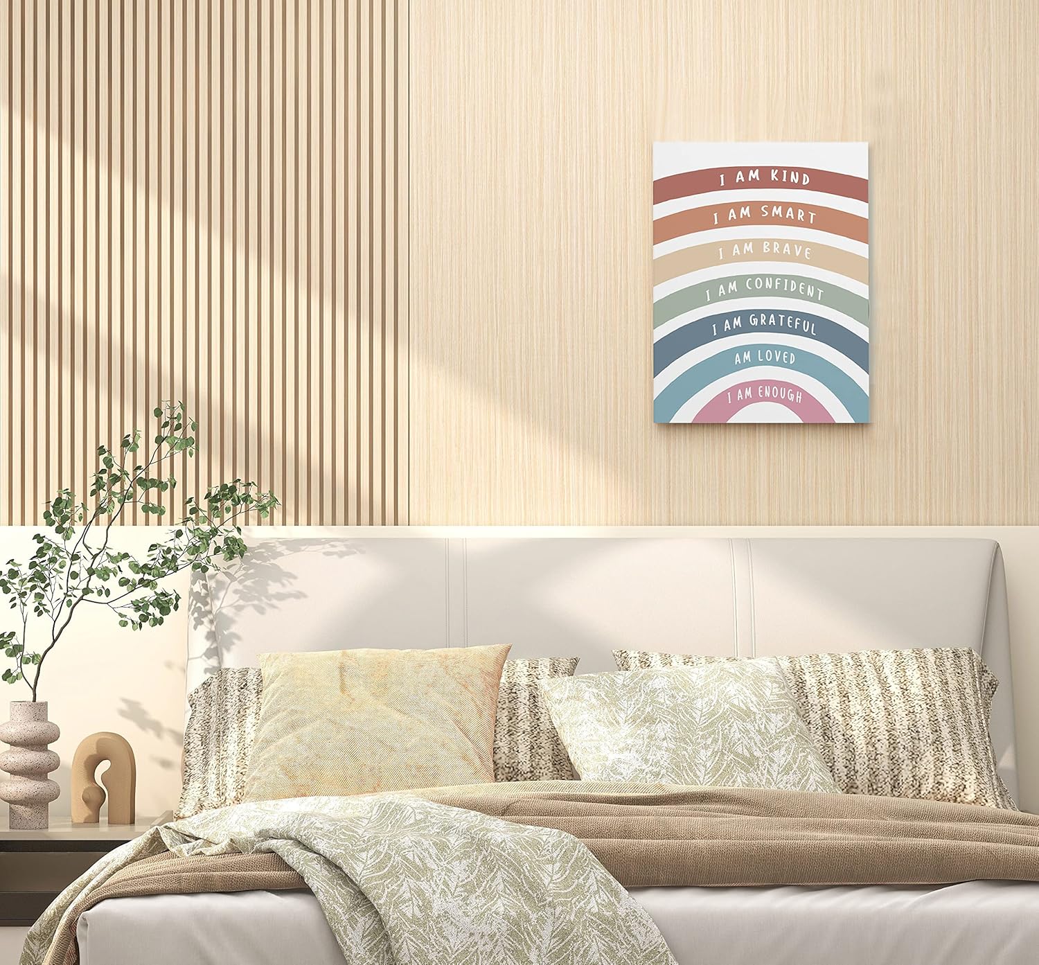 Lienzo enmarcado con texto en inglés “I Am Kind Smart Brave Positive Affirmations – Decoración de pared de 11 x 14 pulgadas, diseño bohemio de arco