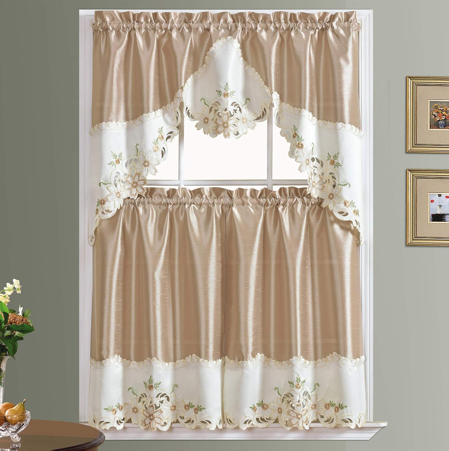 GOHD – Juego de cortinas de cocina con diseño floral, cenefa y nivel. Bonito bordado floral a juego en el borde con cortes (beige)