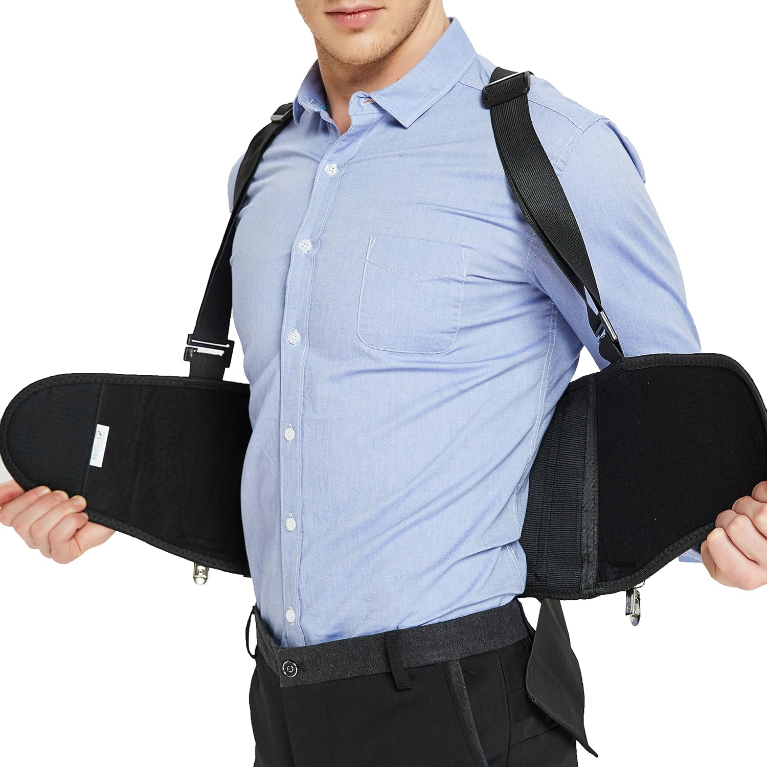 NeoTech Care Soporte lumbar con clips extraíbles para pantalones y tirantes desmontables, cinturón de apoyo para la espalda, ajustable, ligero,